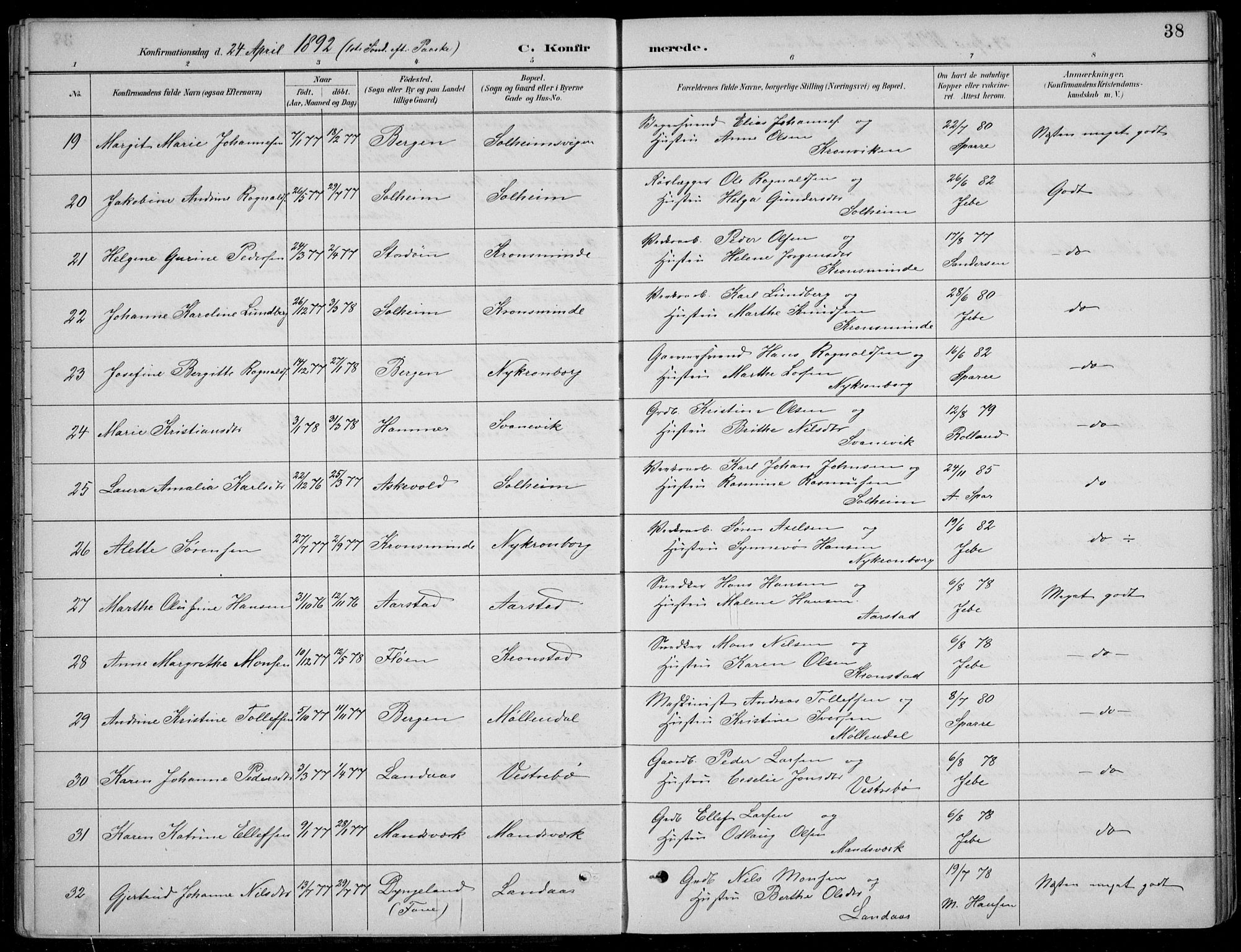 Årstad Sokneprestembete, AV/SAB-A-79301/H/Hab/L0011: Klokkerbok nr. B 1, 1886-1901, s. 38