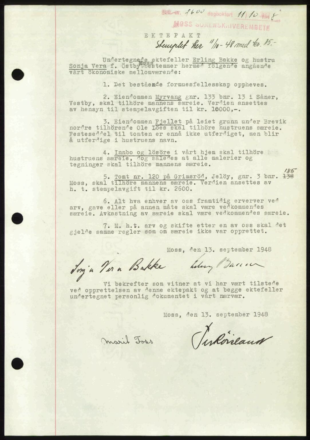 Moss sorenskriveri, SAO/A-10168: Pantebok nr. A20, 1948-1948, Dagboknr: 2600/1948