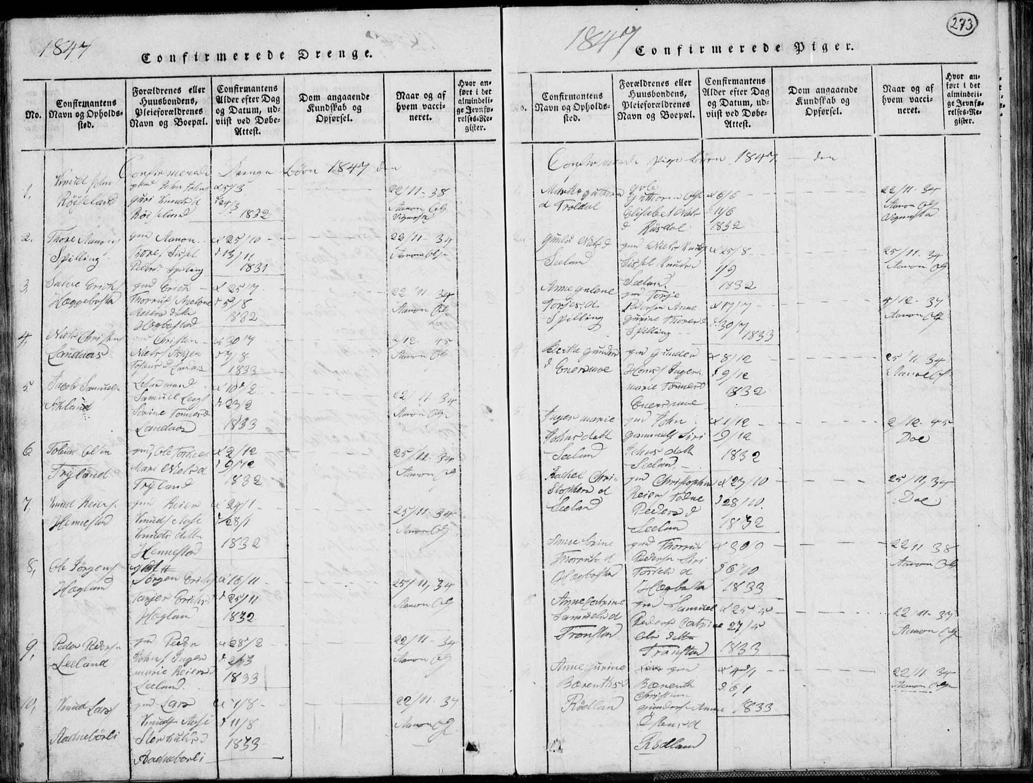 Nord-Audnedal sokneprestkontor, AV/SAK-1111-0032/F/Fb/Fbb/L0001: Klokkerbok nr. B 1, 1816-1858, s. 273