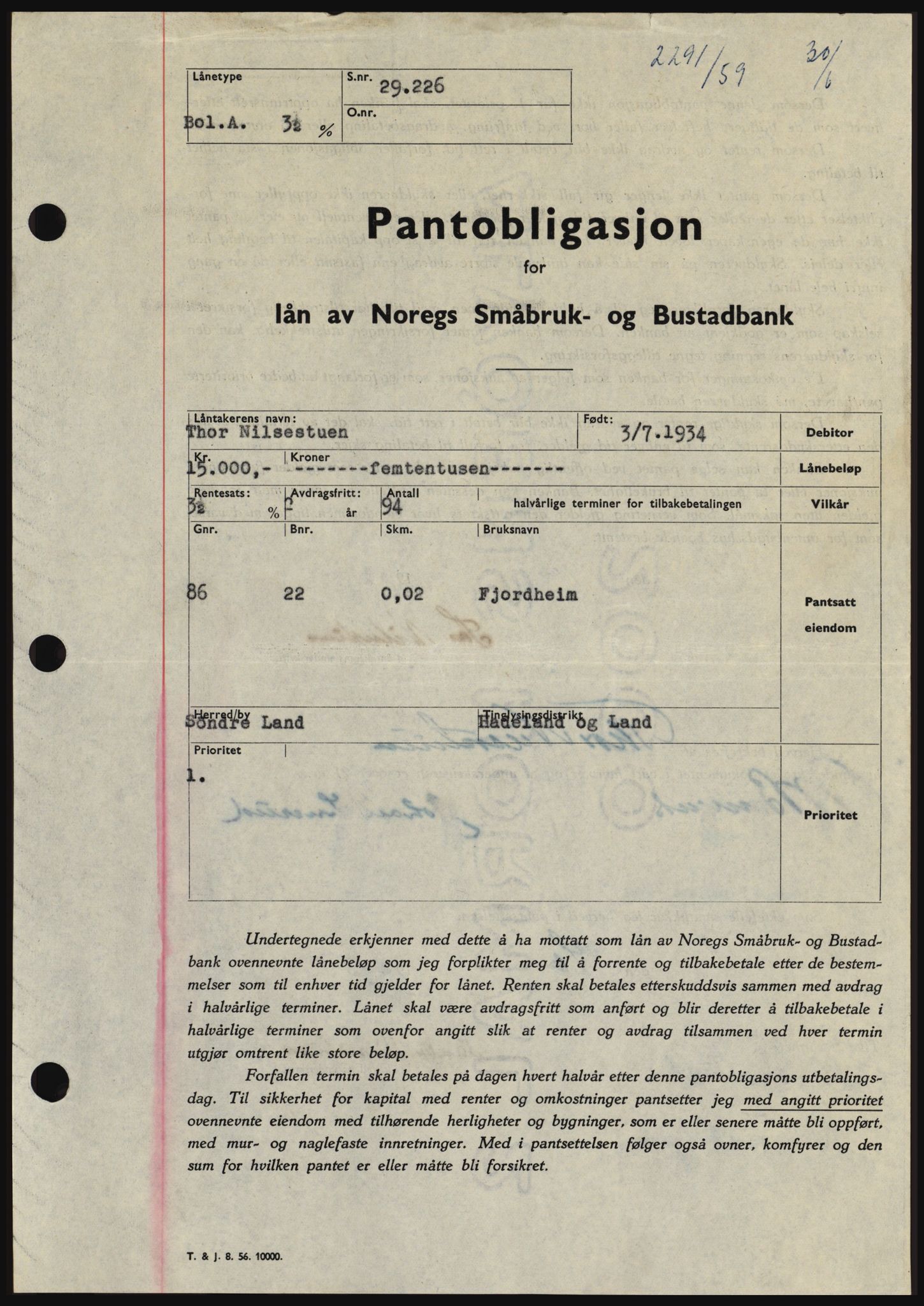 Hadeland og Land tingrett, SAH/TING-010/H/Hb/Hbc/L0040: Pantebok nr. B40, 1959-1959, Dagboknr: 2291/1959