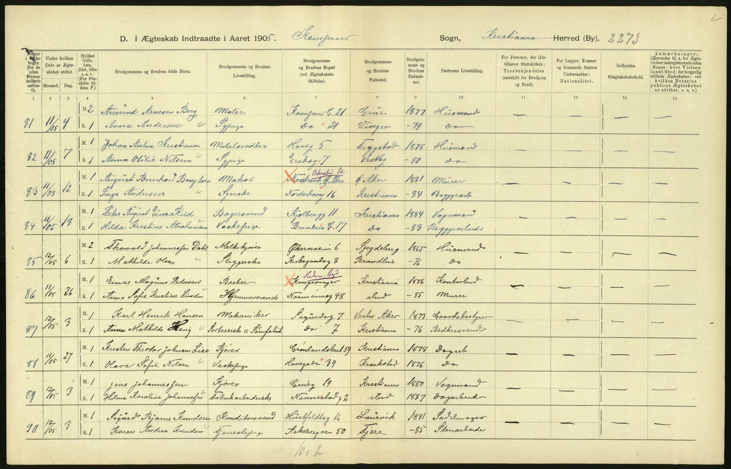 Statistisk sentralbyrå, Sosiodemografiske emner, Befolkning, AV/RA-S-2228/D/Df/Dfa/Dfac/L0007b: Kristiania: Gifte, 1905, s. 160