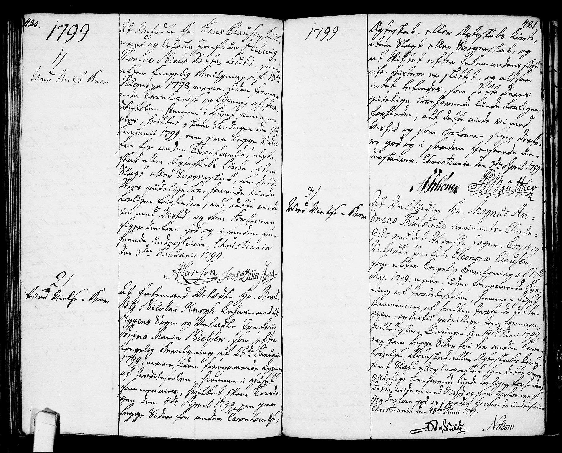 Oslo domkirke Kirkebøker, SAO/A-10752/L/La/L0010: Forlovererklæringer nr. 10, 1789-1807, s. 420-421