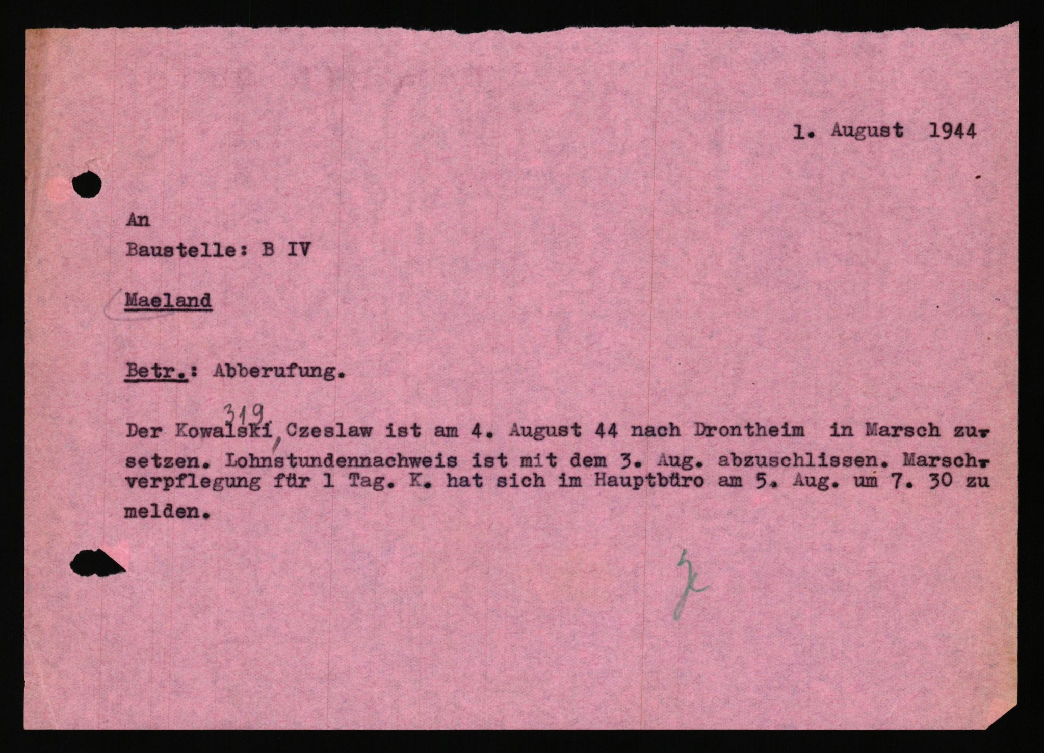 Tyske arkiver, Organisation Todt (OT), Einsatzgruppe Wiking, AV/RA-RAFA-2188/2/H/Hf/Hfa/0038 / Baustelle Melland, 1944-1945, s. 9