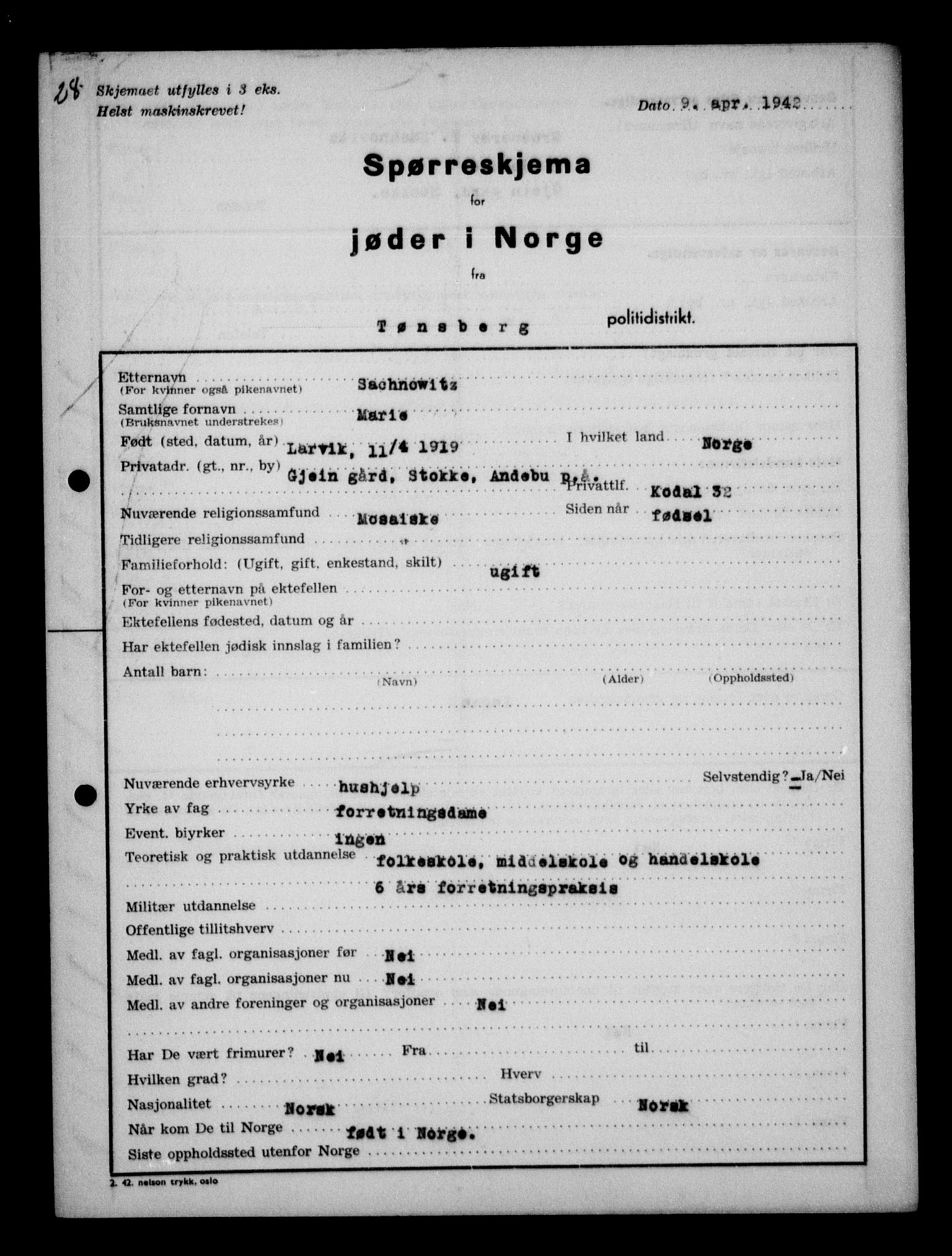 Statspolitiet - Hovedkontoret / Osloavdelingen, AV/RA-S-1329/G/Ga/L0013: Spørreskjema for jøder i Norge. 1: Sandefjord-Trondheim. 2: Tønsberg- Ålesund.  3: Skriv vedr. jøder A-H.  , 1942-1943, s. 581