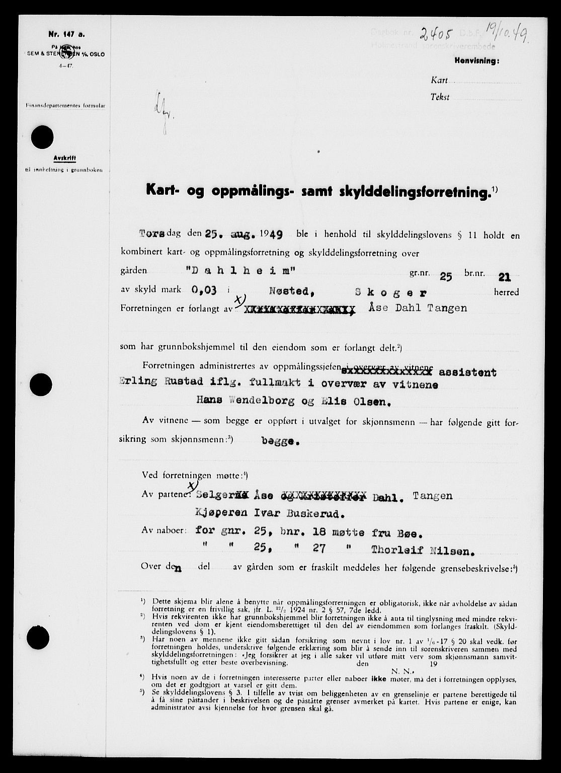 Holmestrand sorenskriveri, SAKO/A-67/G/Ga/Gaa/L0067: Pantebok nr. A-67, 1949-1949, Dagboknr: 2405/1949