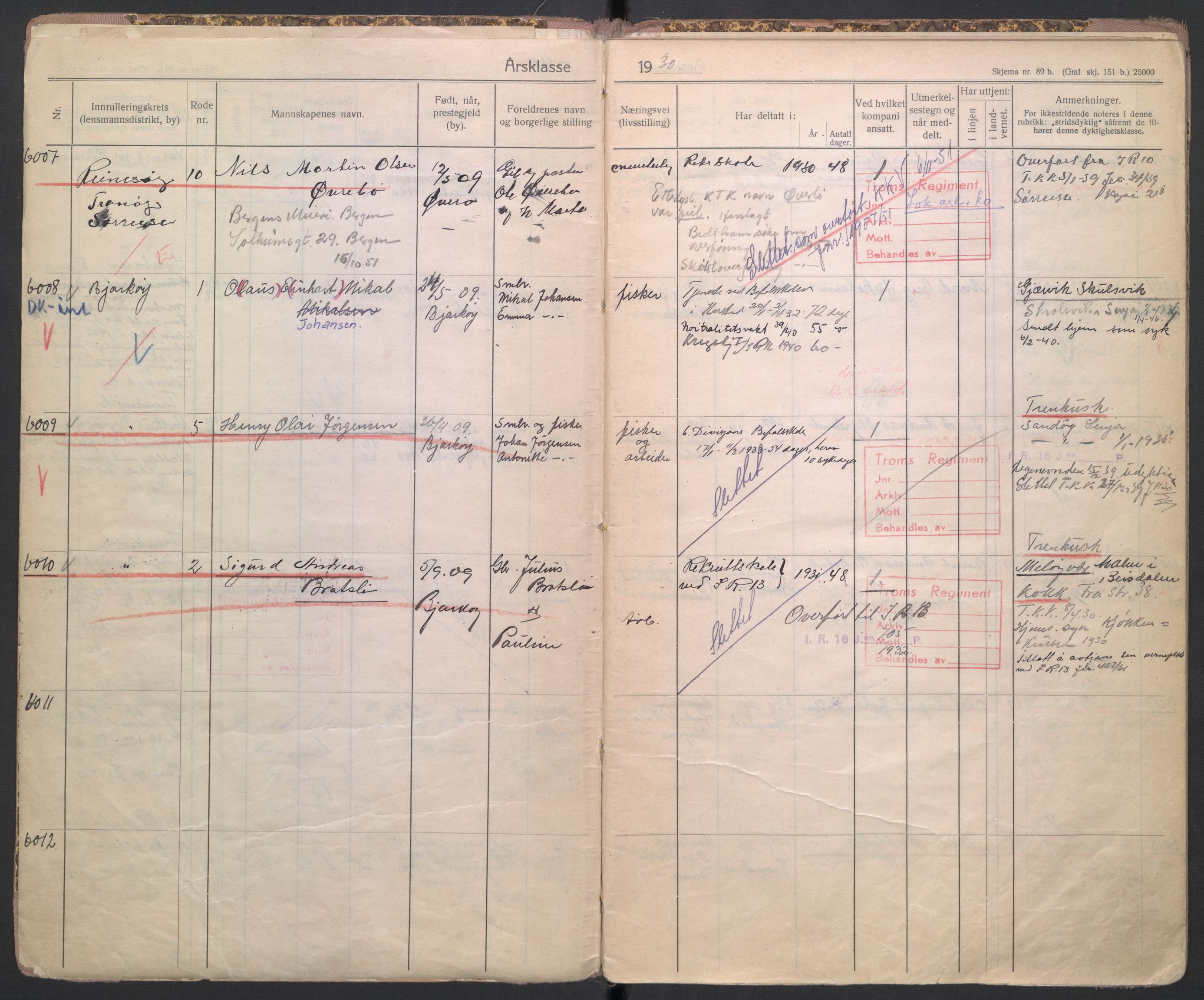 Forsvaret, Troms infanteriregiment nr. 16, AV/RA-RAFA-3146/P/Pa/L0005/0004: Ruller / Rulle for regimentets ikke-stridende menige mannskaper, årsklasse 1930, 1930