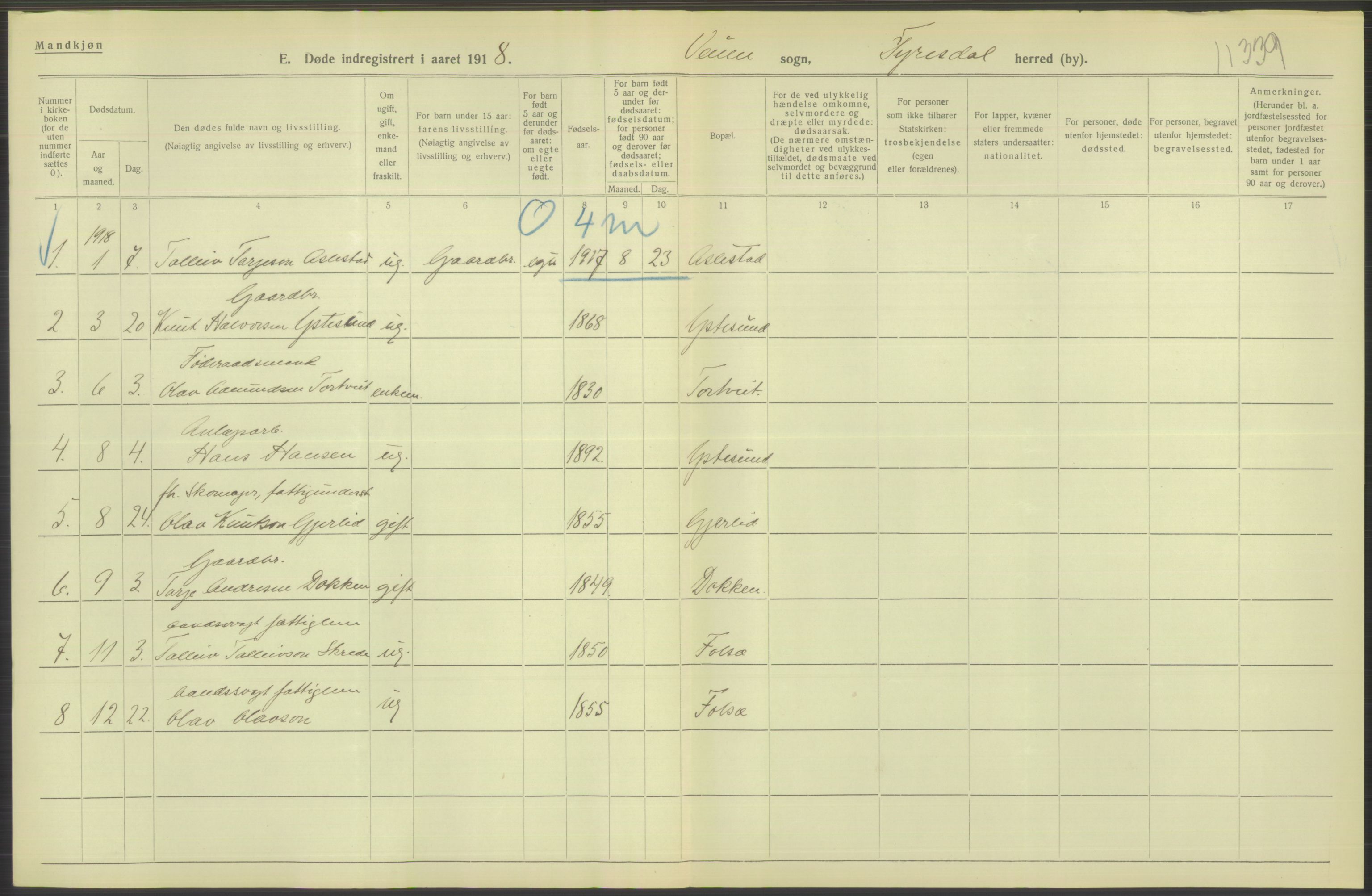 Statistisk sentralbyrå, Sosiodemografiske emner, Befolkning, RA/S-2228/D/Df/Dfb/Dfbh/L0026: Telemark fylke: Døde. Bygder og byer., 1918, s. 518