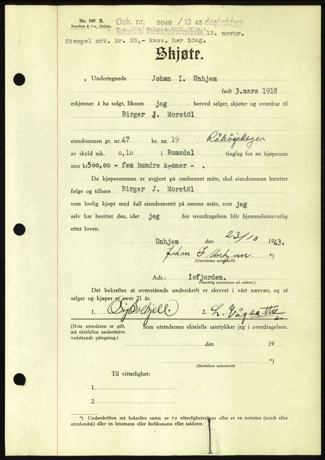 Romsdal sorenskriveri, AV/SAT-A-4149/1/2/2C: Pantebok nr. A15, 1943-1944, Dagboknr: 2048/1943