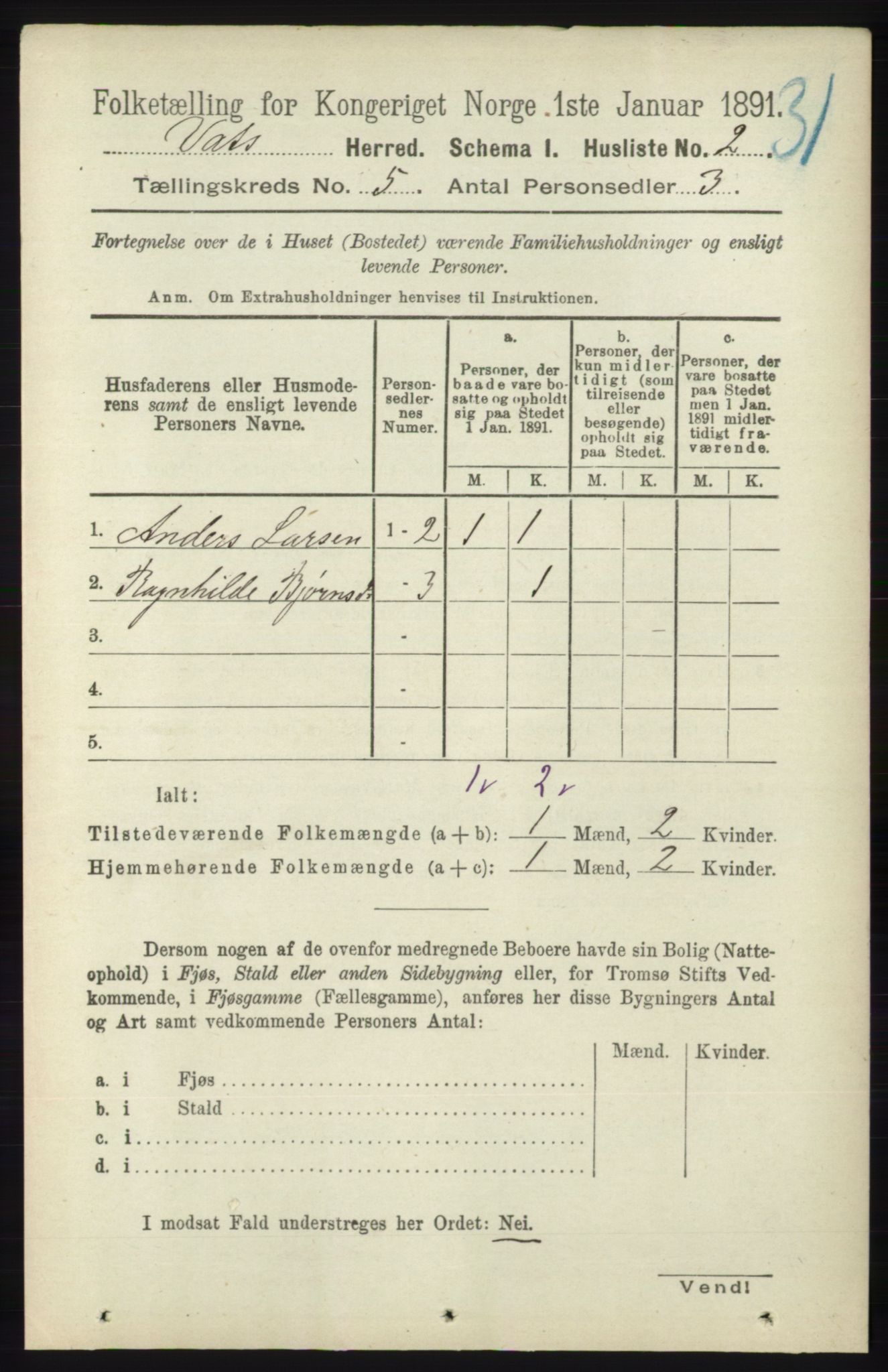 RA, Folketelling 1891 for 1155 Vats herred, 1891, s. 698