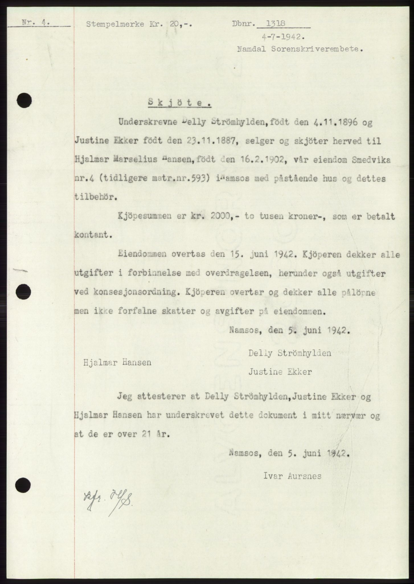 Namdal sorenskriveri, SAT/A-4133/1/2/2C: Pantebok nr. -, 1942-1943, Dagboknr: 1318/1942