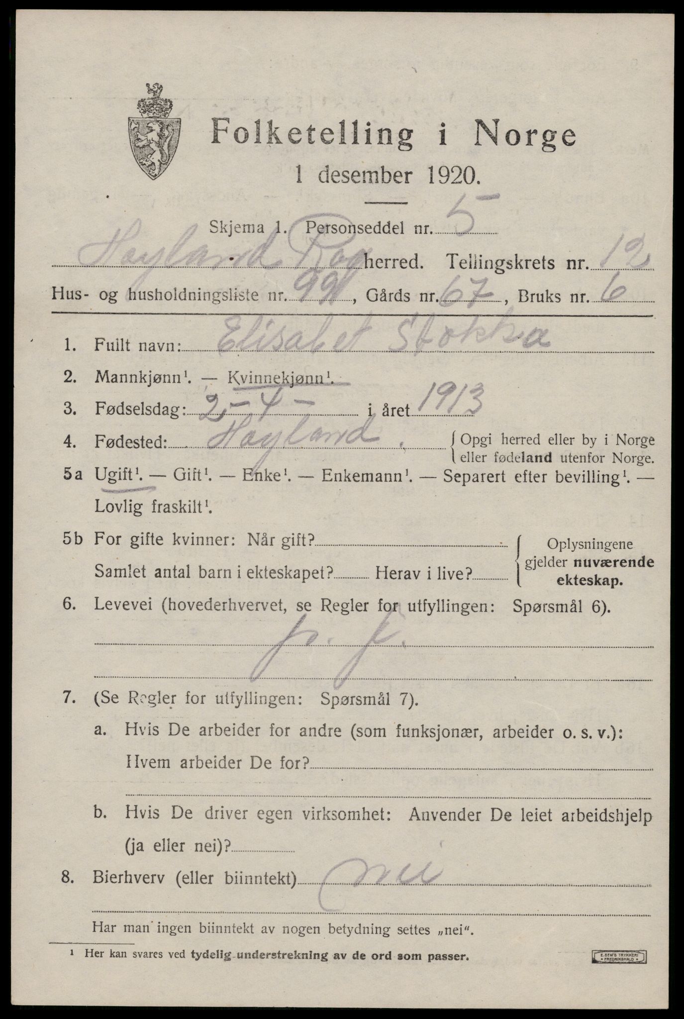 SAST, Folketelling 1920 for 1123 Høyland herred, 1920, s. 10544