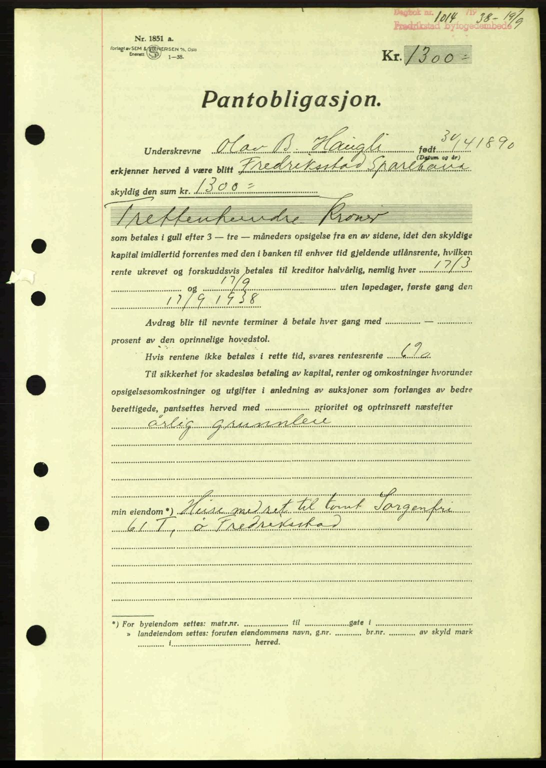 Fredrikstad byfogd, SAO/A-10473a/G/Ga/Gad/L0002: Pantebok nr. B2, 1938-1939, Dagboknr: 1014/1938
