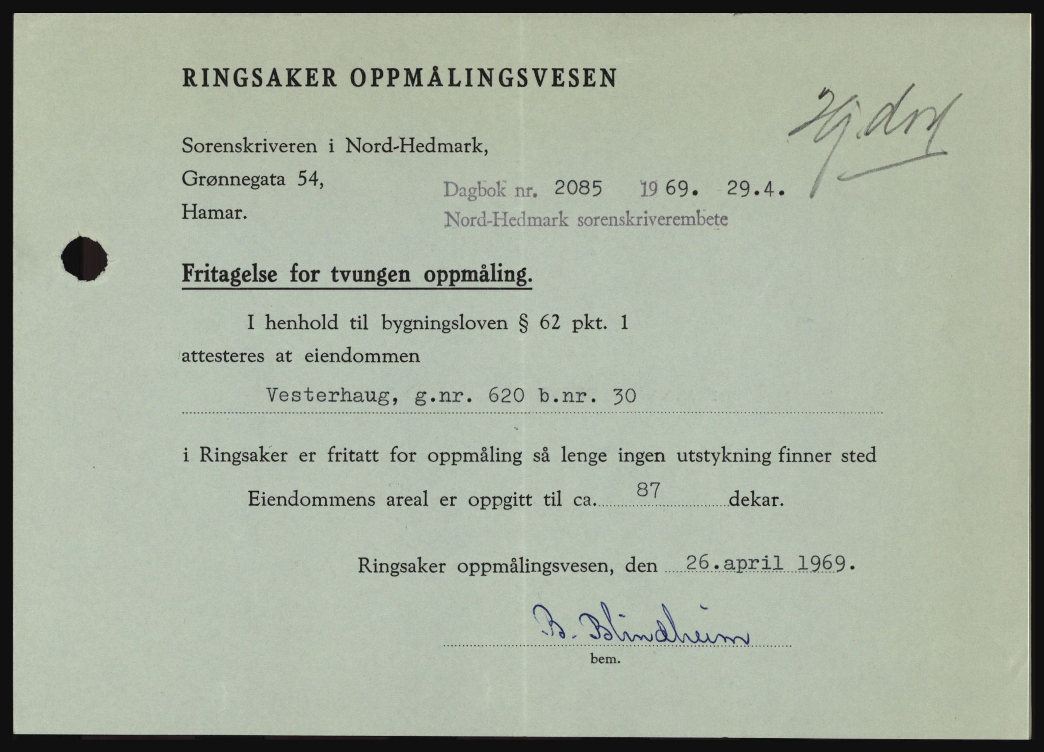 Nord-Hedmark sorenskriveri, SAH/TING-012/H/Hc/L0030: Pantebok nr. 30, 1969-1969, Dagboknr: 2085/1969