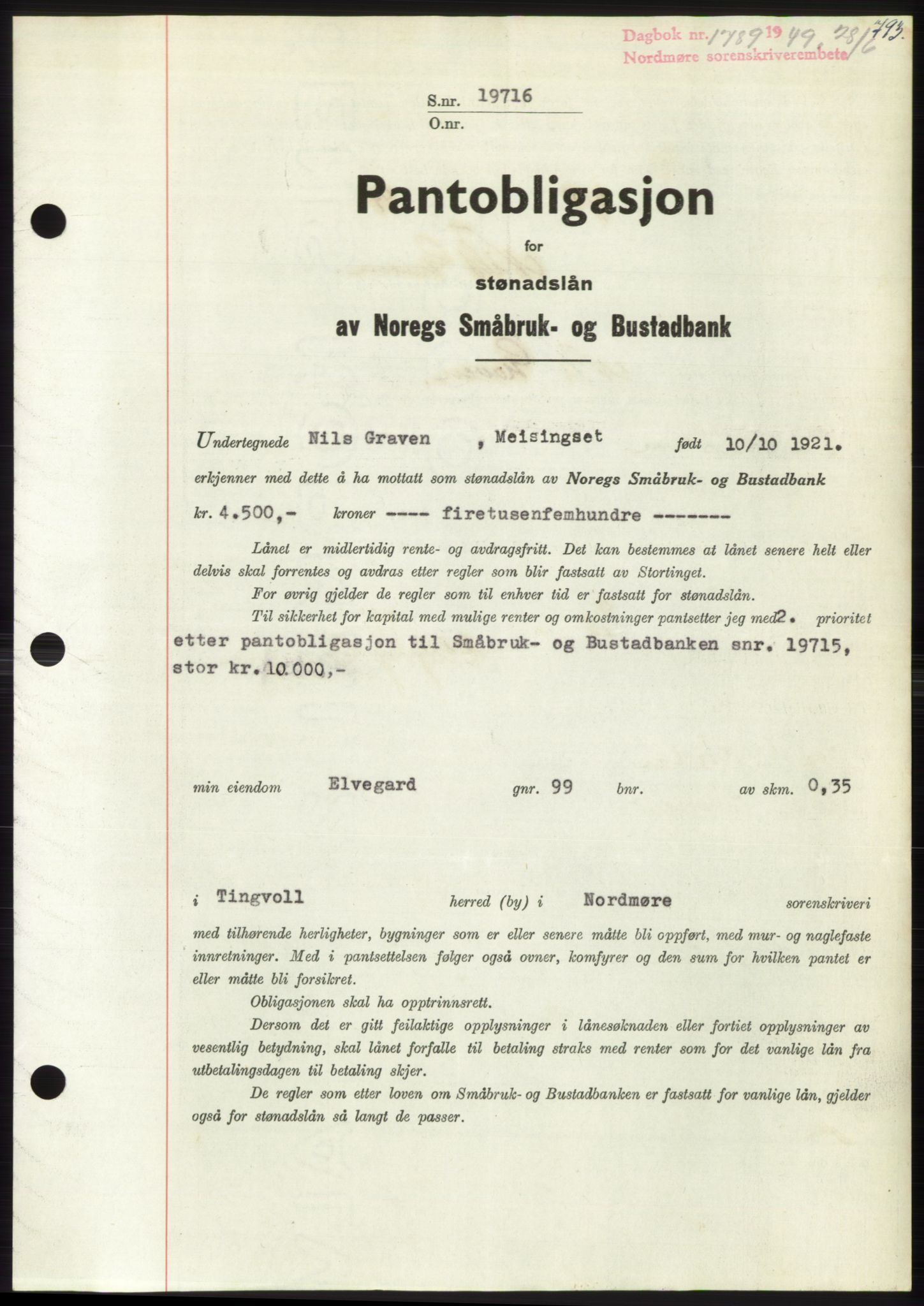 Nordmøre sorenskriveri, SAT/A-4132/1/2/2Ca: Pantebok nr. B101, 1949-1949, Dagboknr: 1789/1949