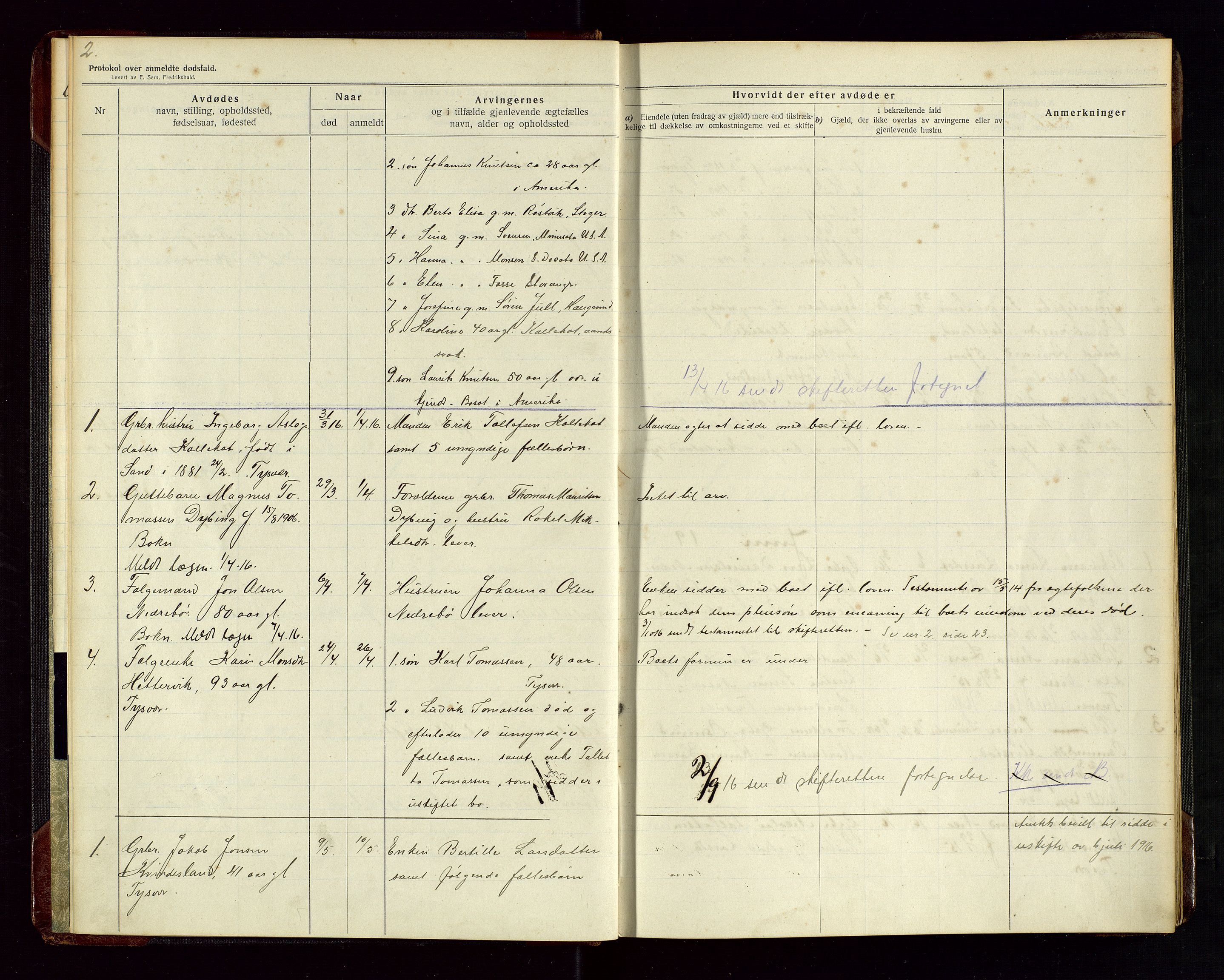 Tysvær lensmannskontor, AV/SAST-A-100192/Gga/L0003: "Protokol over anmeldte dødsfald i Tysvær" med register, 1916-1926, s. 2