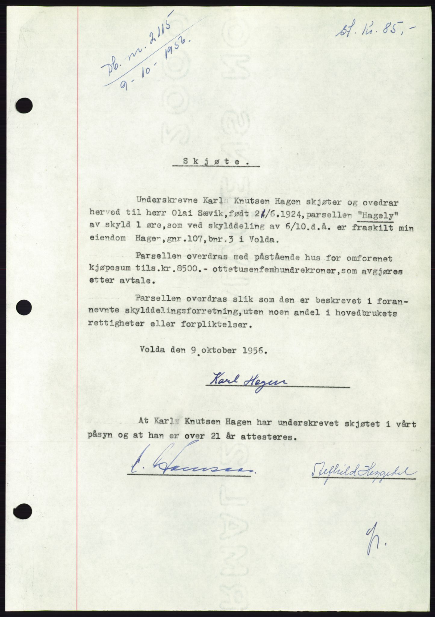Søre Sunnmøre sorenskriveri, AV/SAT-A-4122/1/2/2C/L0104: Pantebok nr. 30A, 1956-1956, Dagboknr: 2115/1956