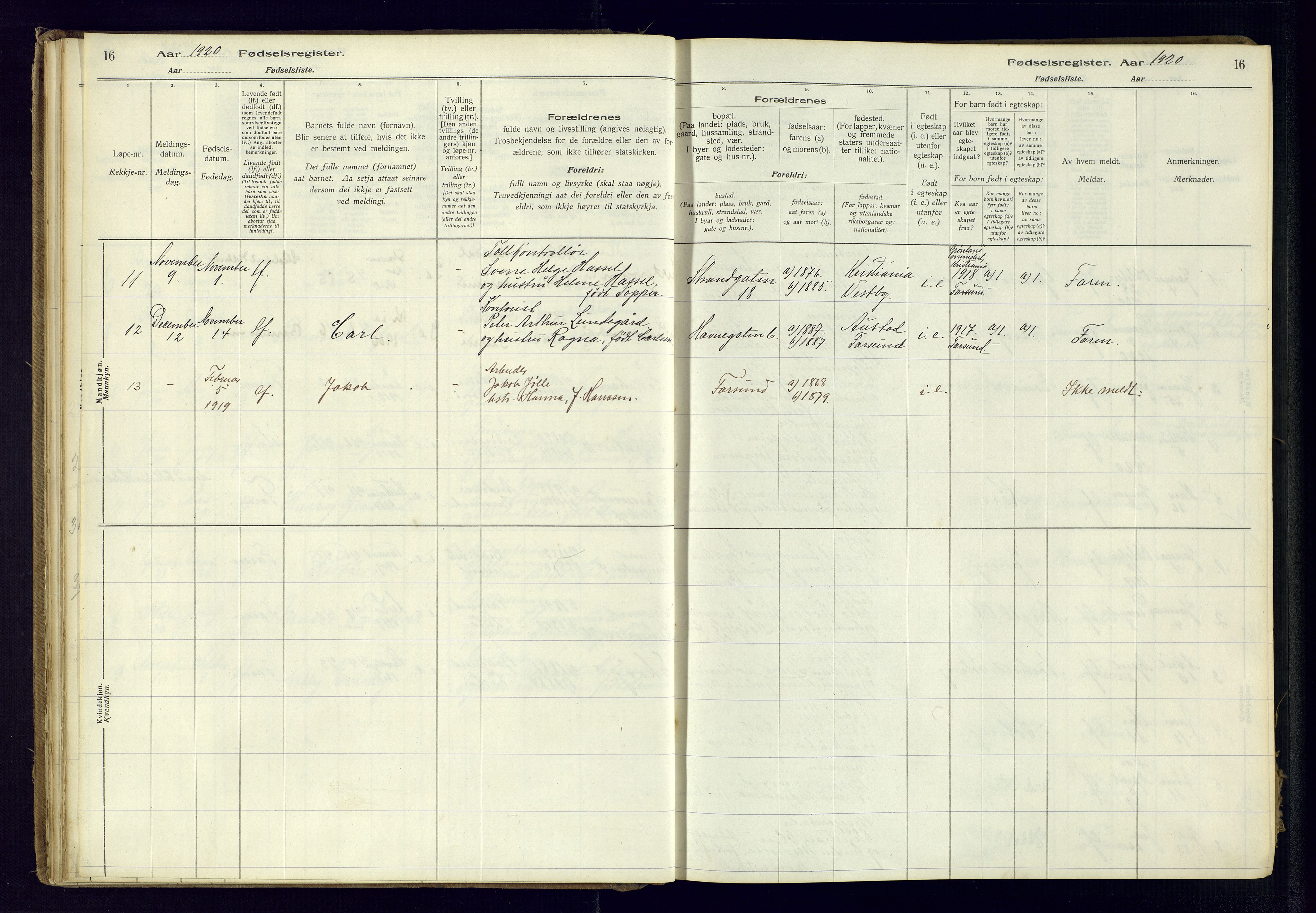 Farsund sokneprestkontor, AV/SAK-1111-0009/J/Ja/L0001: Fødselsregister nr. A-VI-8, 1916-1950, s. 16