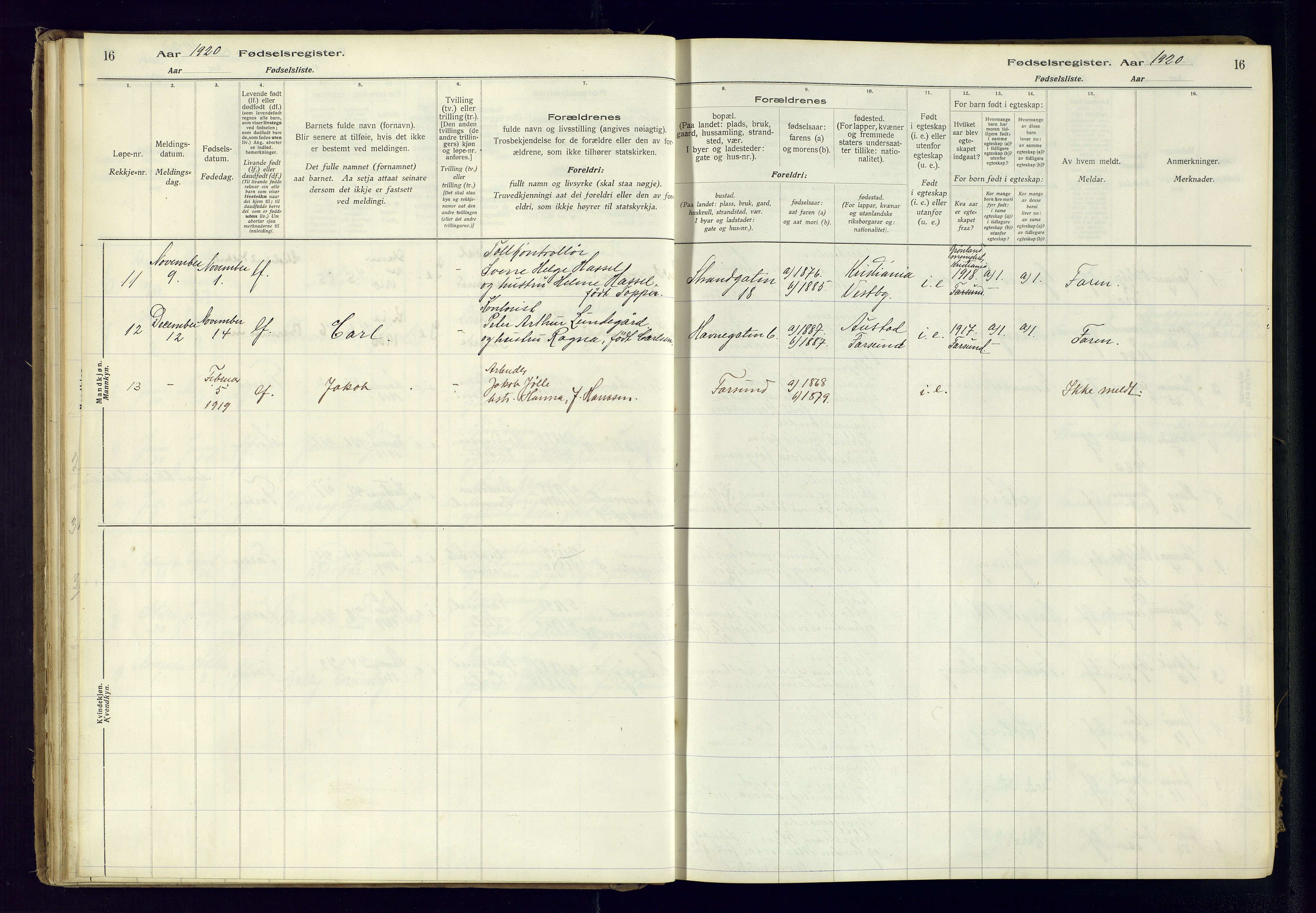 Farsund sokneprestkontor, SAK/1111-0009/J/Ja/L0001: Fødselsregister nr. A-VI-8, 1916-1950, s. 16