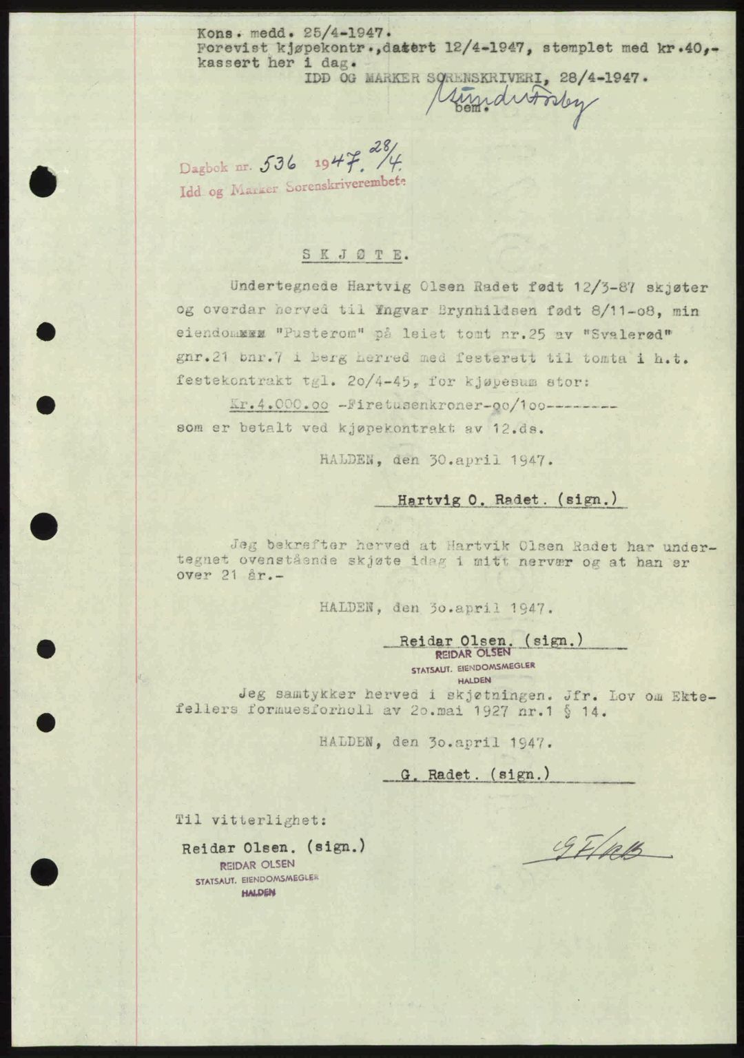 Idd og Marker sorenskriveri, SAO/A-10283/G/Gb/Gbb/L0009: Pantebok nr. A9, 1946-1947, Dagboknr: 536/1947
