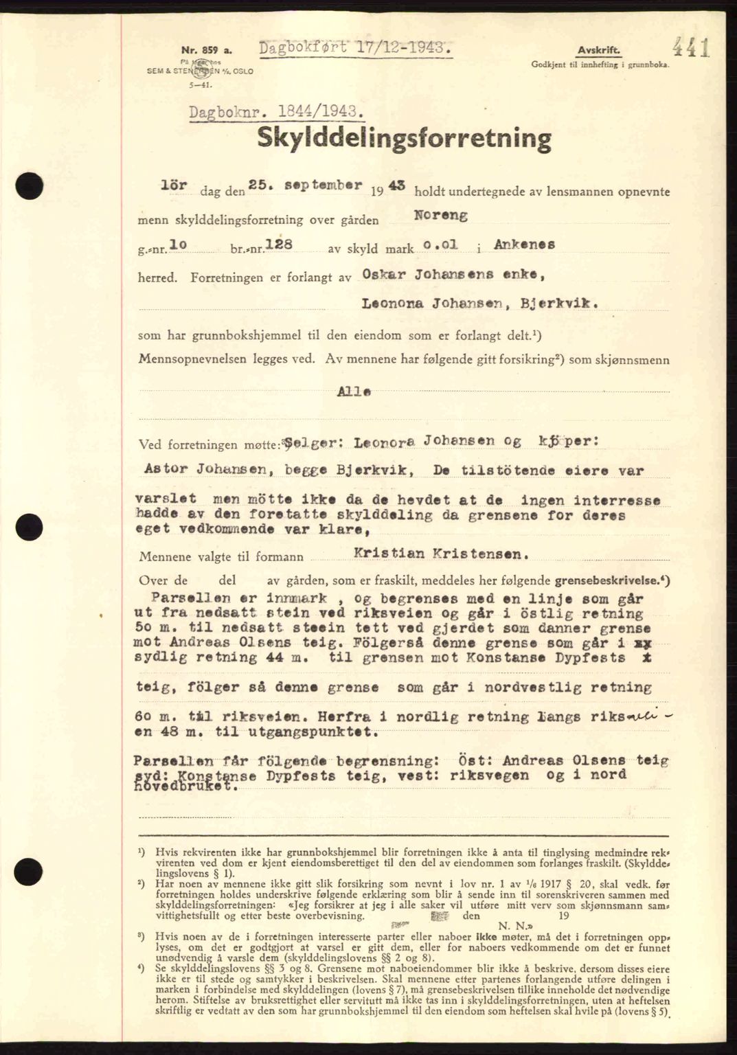 Steigen og Ofoten sorenskriveri, AV/SAT-A-0030/1/2/2C: Pantebok nr. A9-12, 1942-1946, Dagboknr: 1844/1943