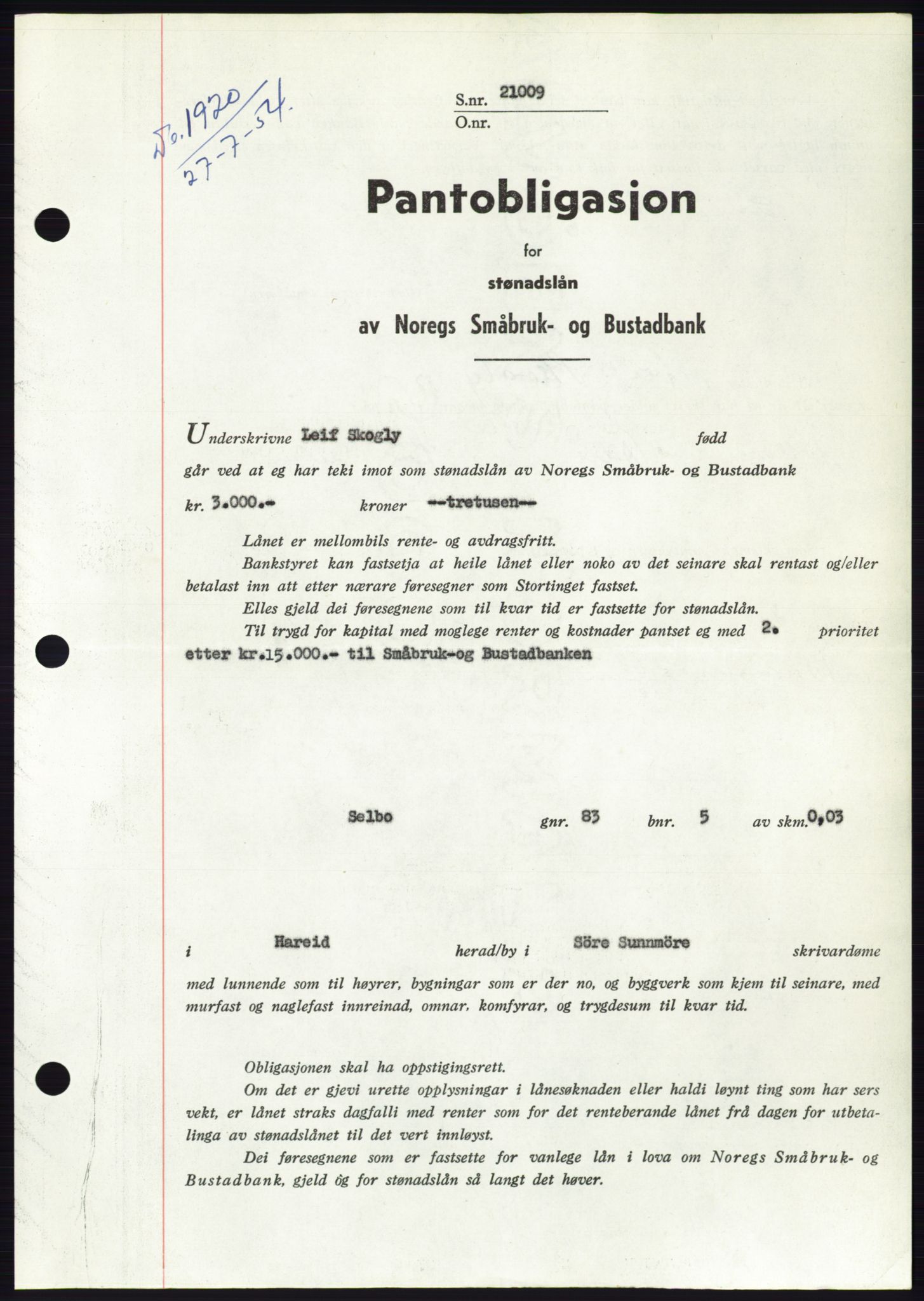 Søre Sunnmøre sorenskriveri, SAT/A-4122/1/2/2C/L0125: Pantebok nr. 13B, 1954-1954, Dagboknr: 1920/1954