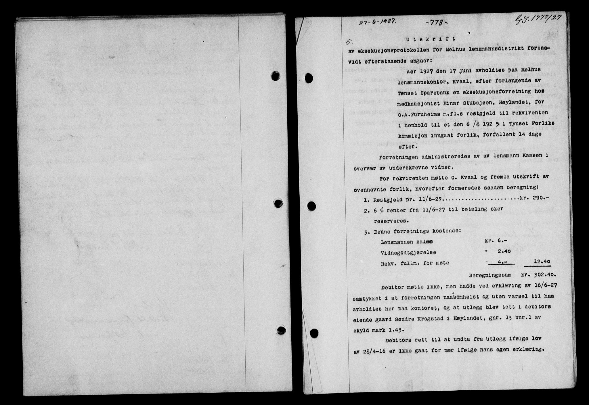 Gauldal sorenskriveri, SAT/A-0014/1/2/2C/L0035: Pantebok nr. 36, 1926-1927, s. 773, Tingl.dato: 27.06.1927