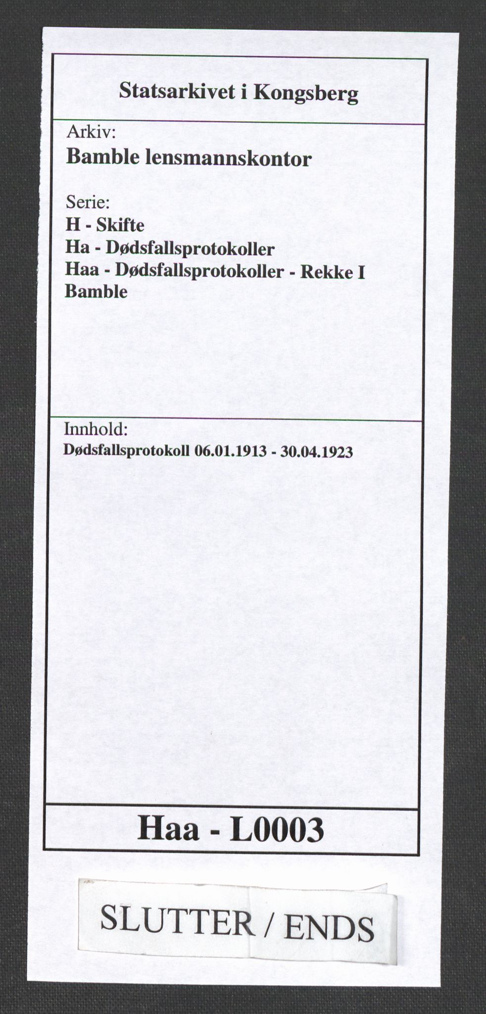 Bamble lensmannskontor, SAKO/A-552/H/Ha/Haa/L0003: Dødsfallsprotokoll, 1913-1923