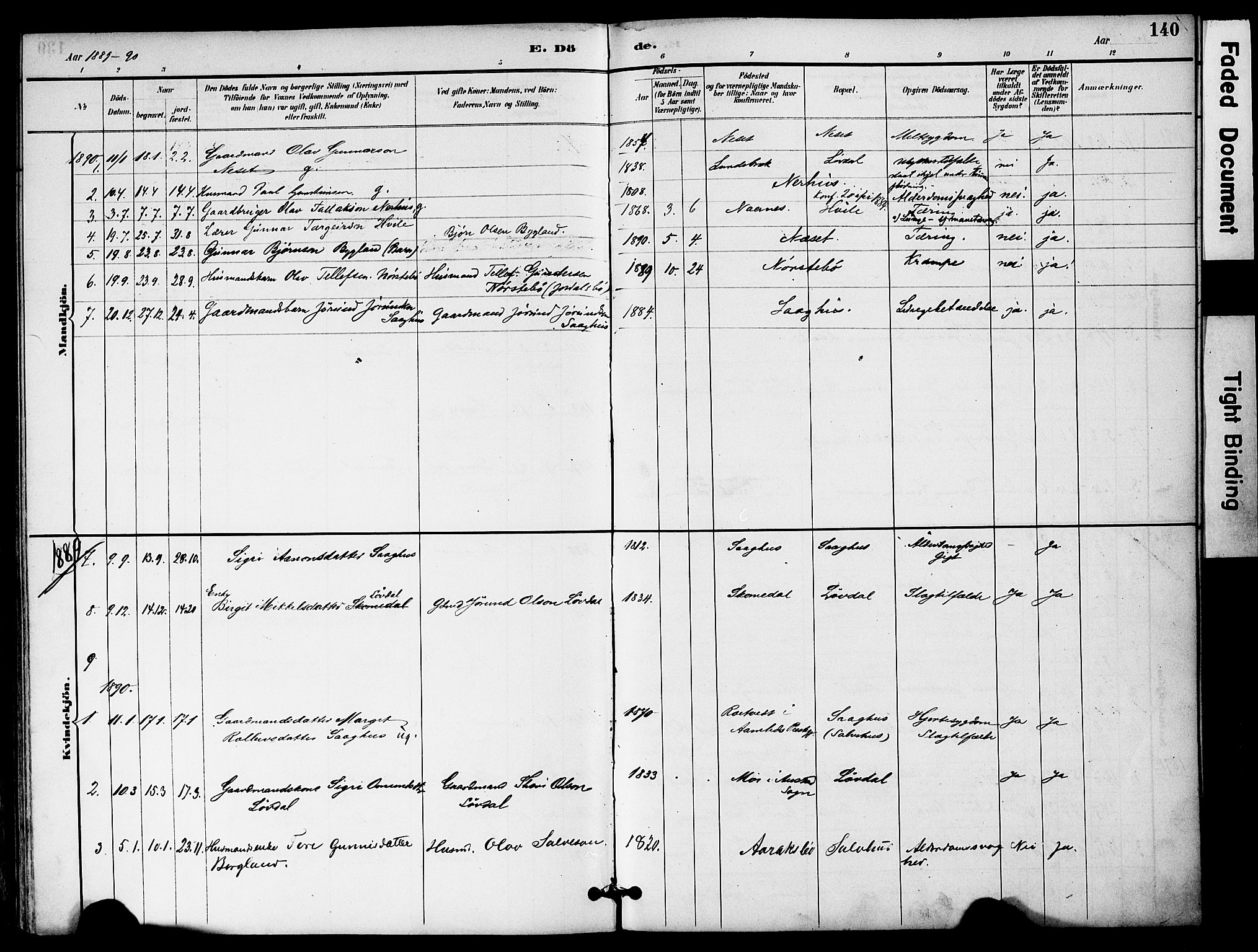 Bygland sokneprestkontor, AV/SAK-1111-0006/F/Fa/Fab/L0007: Ministerialbok nr. A 7, 1885-1909, s. 140
