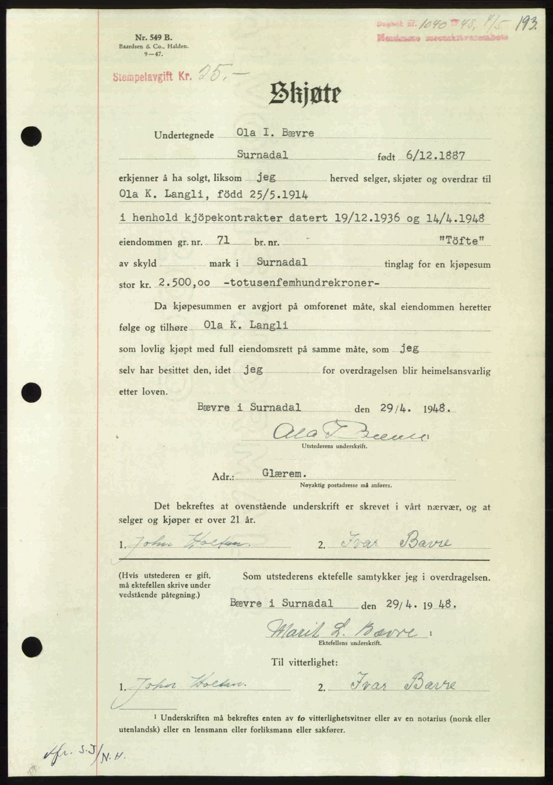 Nordmøre sorenskriveri, SAT/A-4132/1/2/2Ca: Pantebok nr. A108, 1948-1948, Dagboknr: 1040/1948