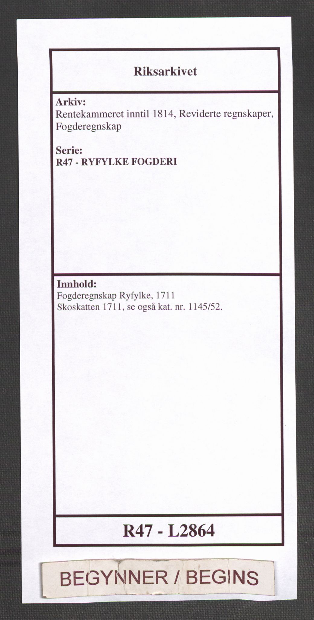 Rentekammeret inntil 1814, Reviderte regnskaper, Fogderegnskap, RA/EA-4092/R47/L2864: Fogderegnskap Ryfylke, 1711, s. 1