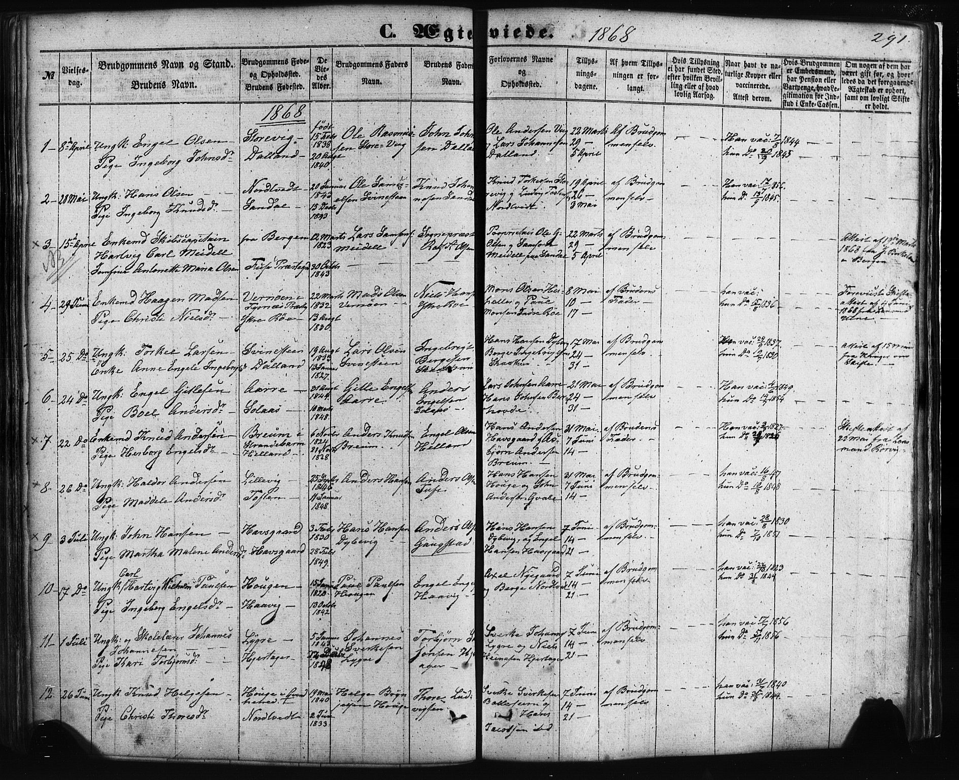Fusa sokneprestembete, AV/SAB-A-75401/H/Haa: Ministerialbok nr. A 1I, 1855-1879, s. 291