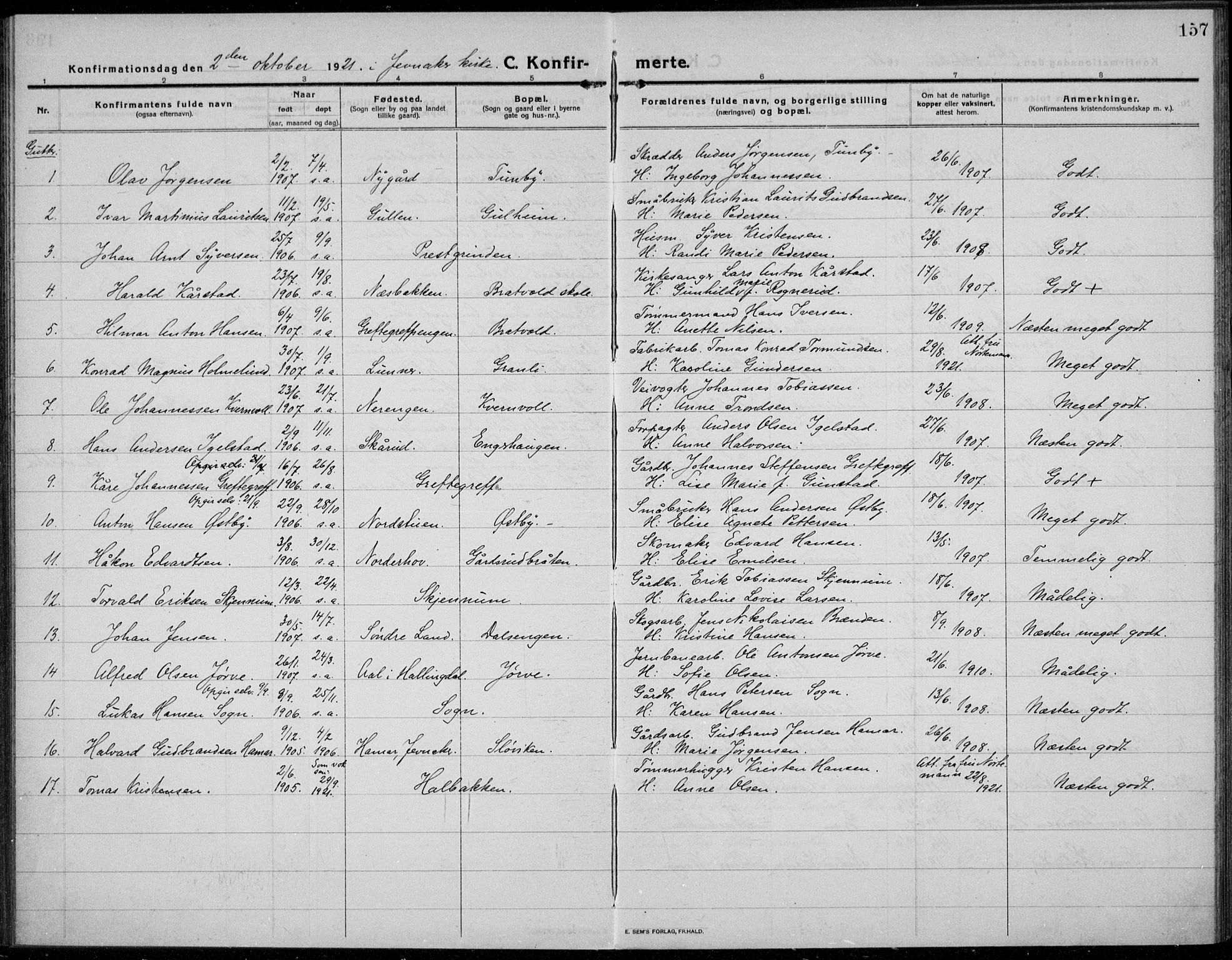 Jevnaker prestekontor, AV/SAH-PREST-116/H/Ha/Haa/L0012: Ministerialbok nr. 12, 1914-1924, s. 157
