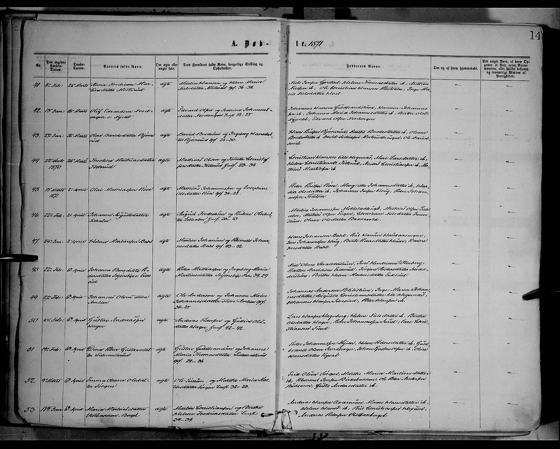 Vestre Toten prestekontor, AV/SAH-PREST-108/H/Ha/Haa/L0008: Ministerialbok nr. 8, 1870-1877, s. 14