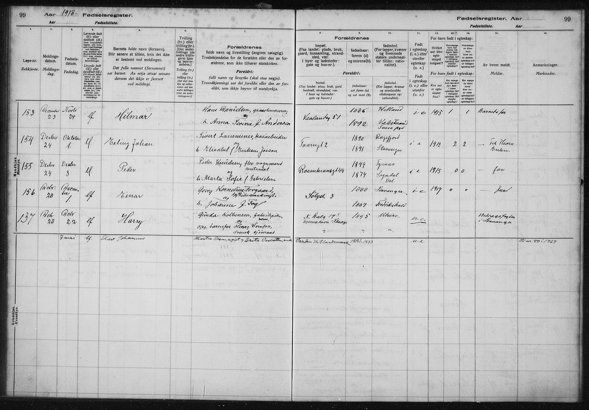 St. Petri sokneprestkontor, SAST/A-101813/002/A/L0001: Fødselsregister nr. 1, 1916-1922, s. 99