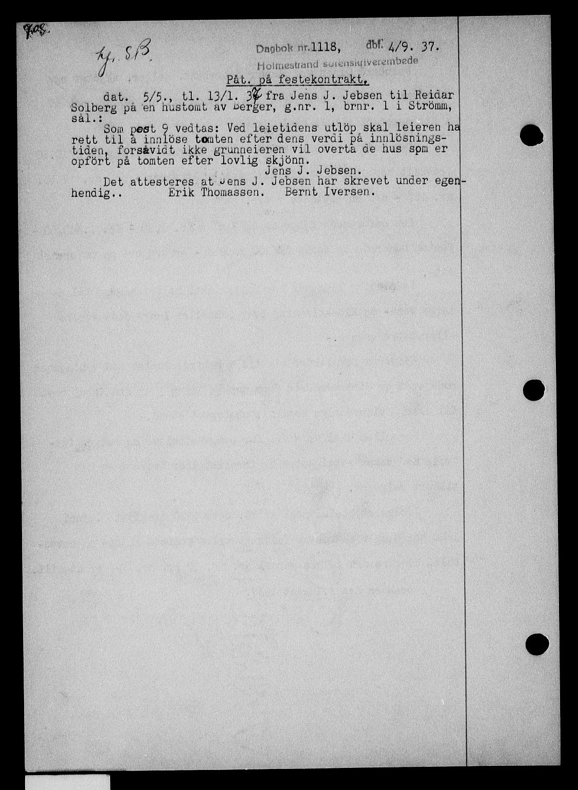 Holmestrand sorenskriveri, SAKO/A-67/G/Ga/Gaa/L0048: Pantebok nr. A-48, 1936-1937, Dagboknr: 1118/1937
