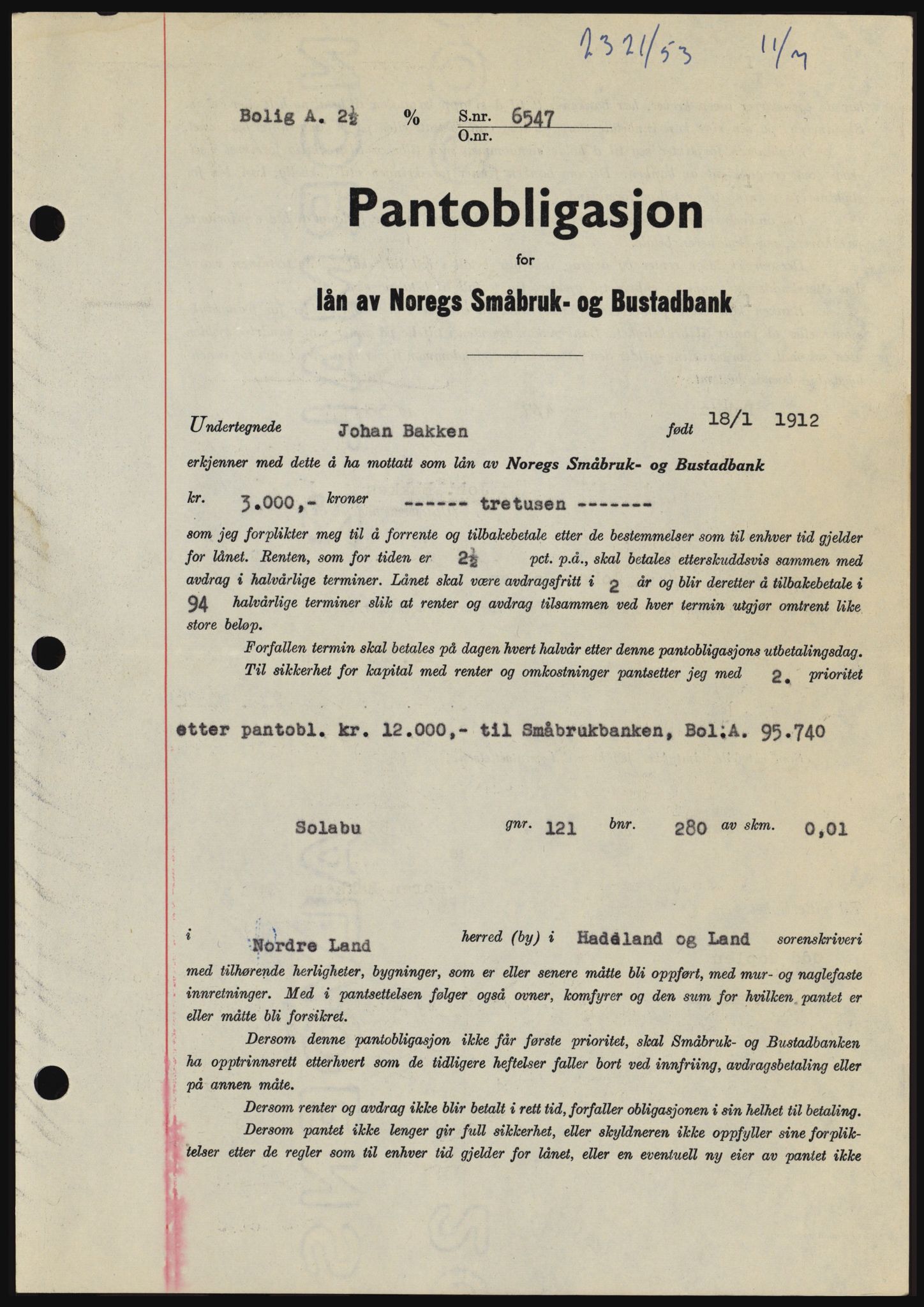 Hadeland og Land tingrett, SAH/TING-010/H/Hb/Hbc/L0027: Pantebok nr. B27, 1953-1953, Dagboknr: 2321/1953