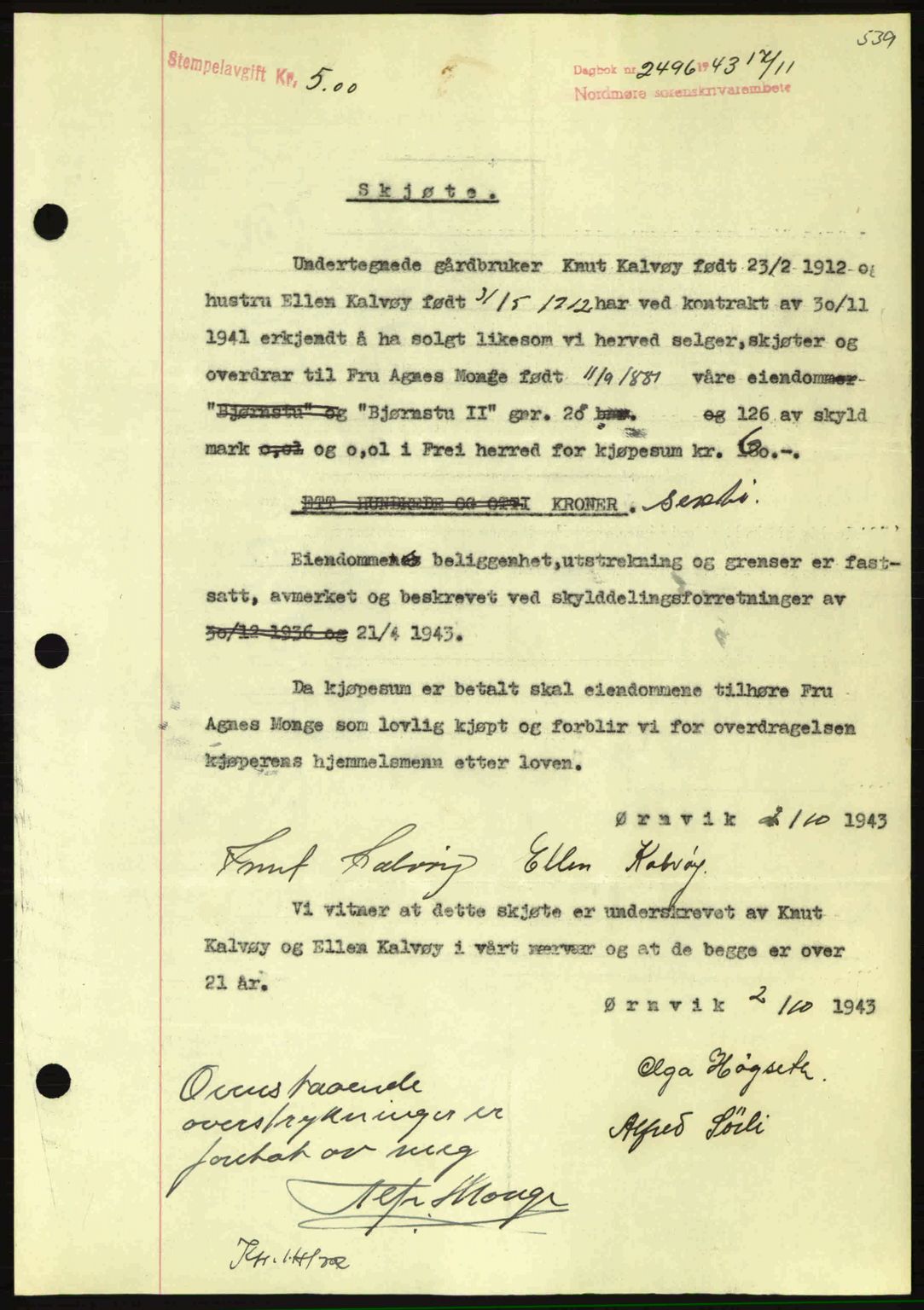 Nordmøre sorenskriveri, SAT/A-4132/1/2/2Ca: Pantebok nr. A96, 1943-1944, Dagboknr: 2496/1943