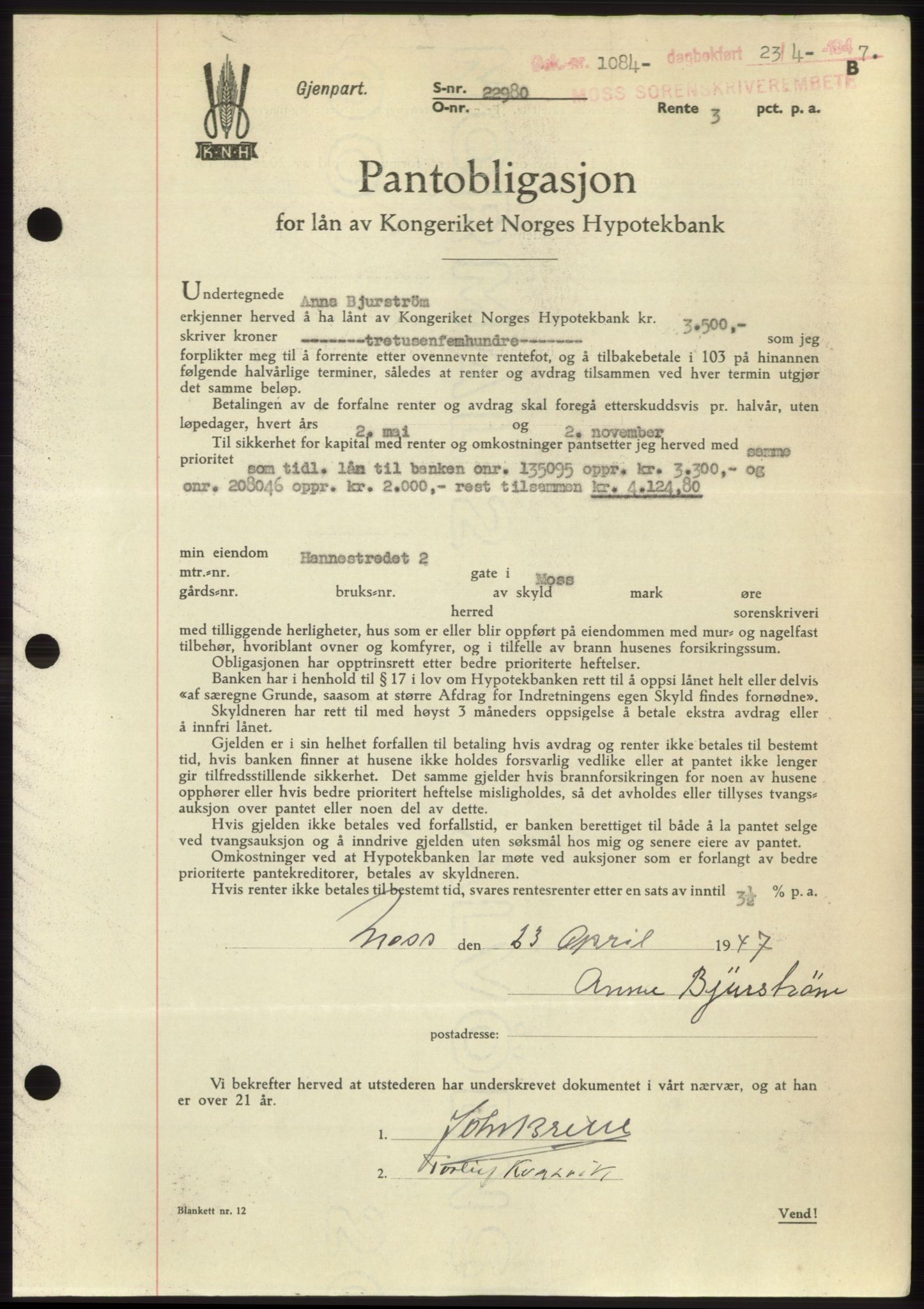 Moss sorenskriveri, SAO/A-10168: Pantebok nr. B17, 1947-1947, Dagboknr: 1084/1947
