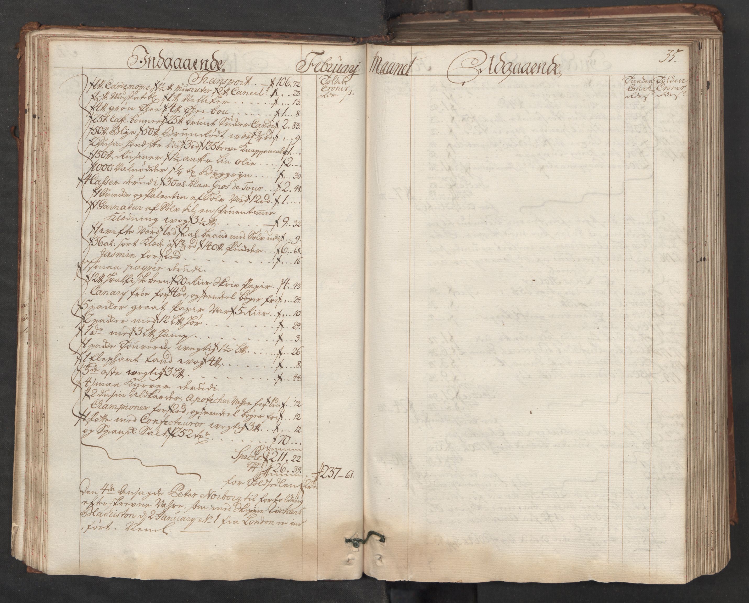 Generaltollkammeret, tollregnskaper, RA/EA-5490/R06/L0015/0001: Tollregnskaper Kristiania / Hovedtollbok, 1733, s. 34b-35a