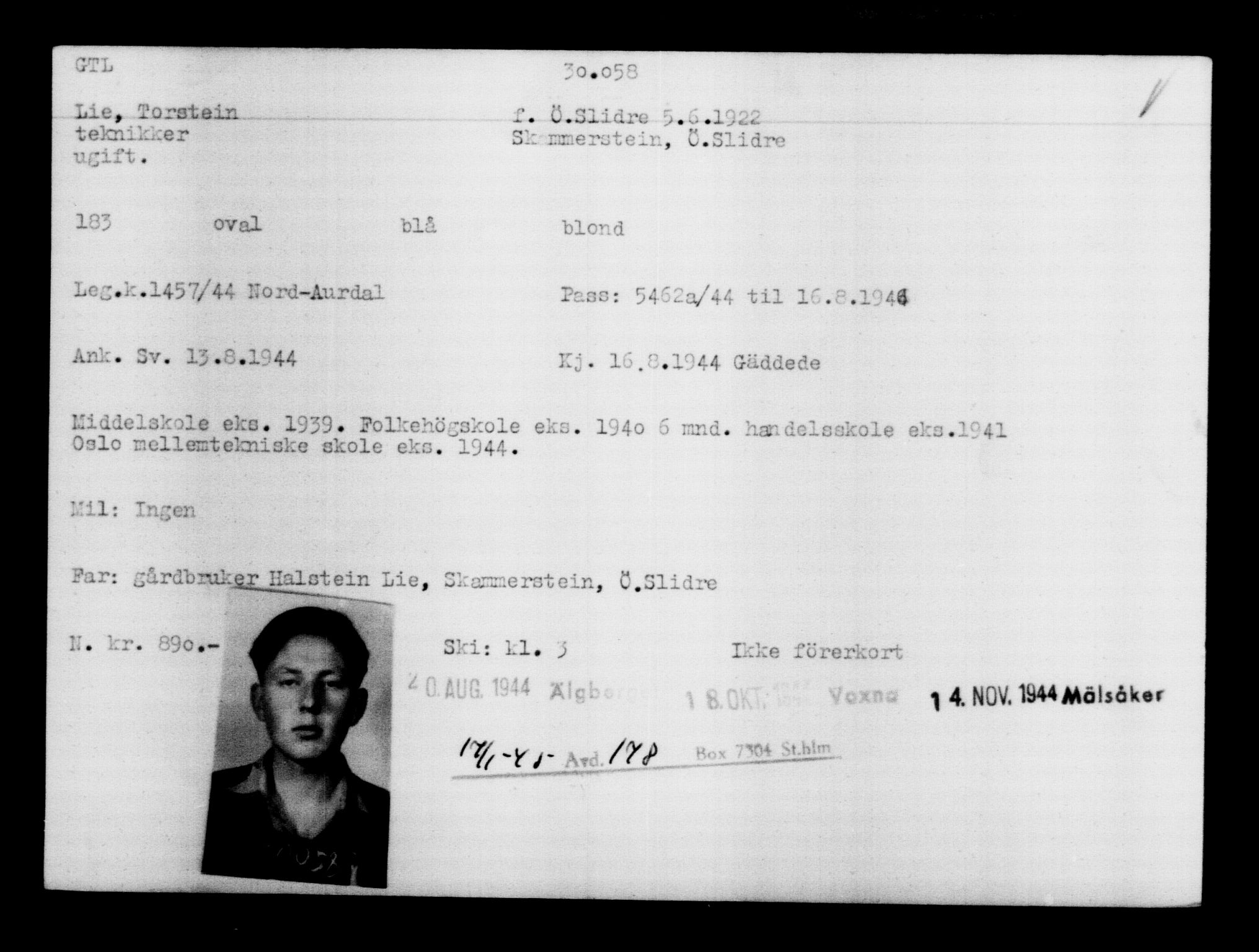 Utenriksstasjonene, Legasjonen i Stockholm, Flyktningkontoret, AV/RA-S-6753/V/Va/L0012: Kjesäterkartoteket, flyktninger med registreringsnr. 28300-31566, 1940-1945, s. 1940