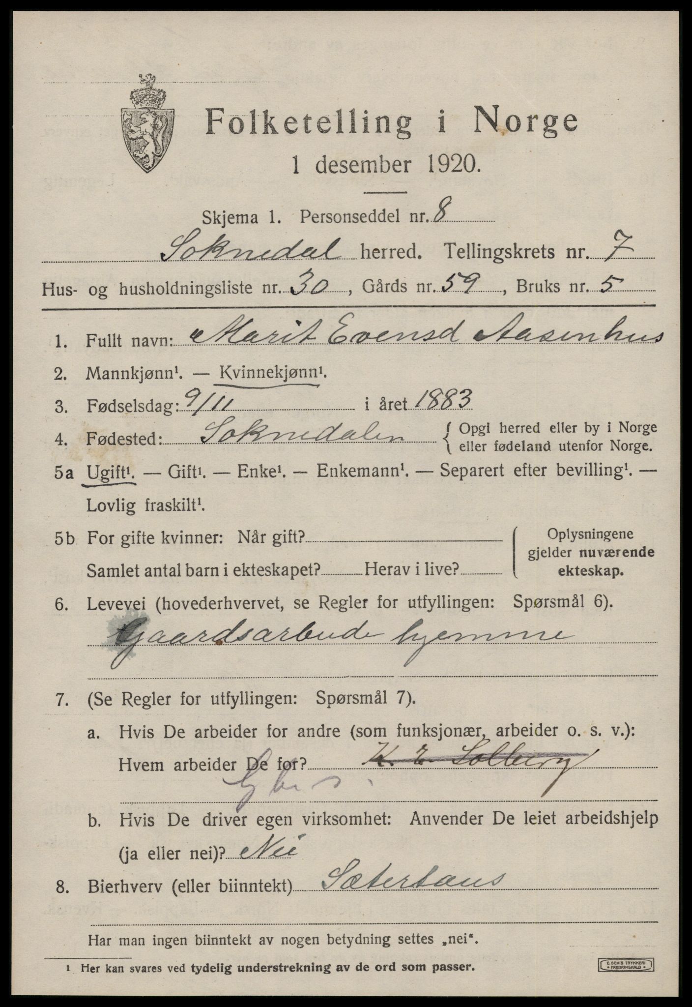 SAT, Folketelling 1920 for 1649 Soknedal herred, 1920, s. 3738