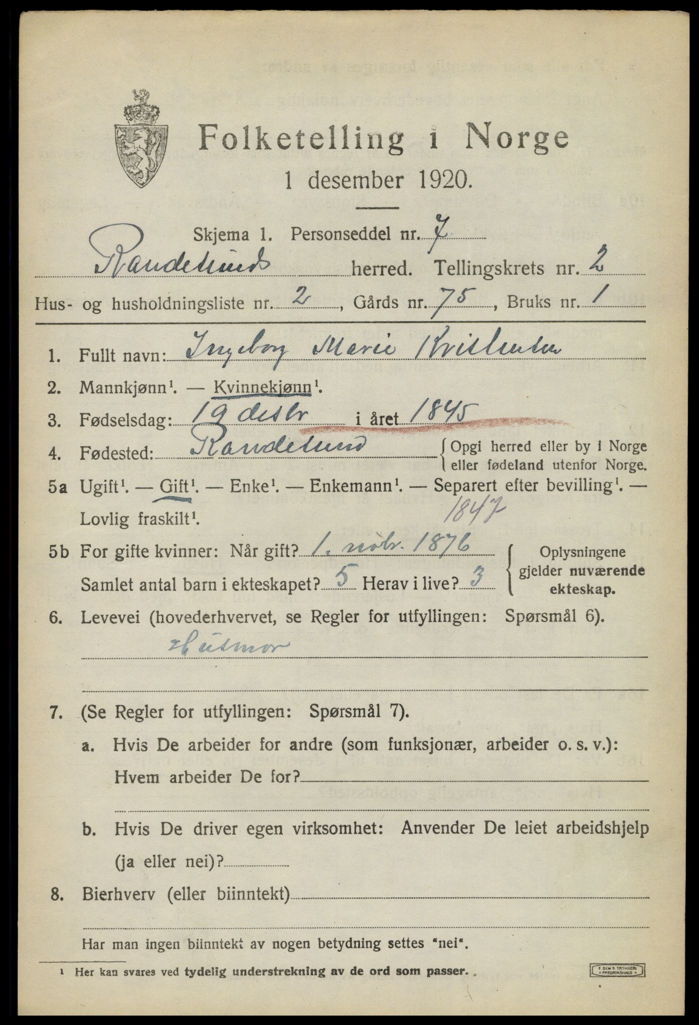 SAK, Folketelling 1920 for 1011 Randesund herred, 1920, s. 1106