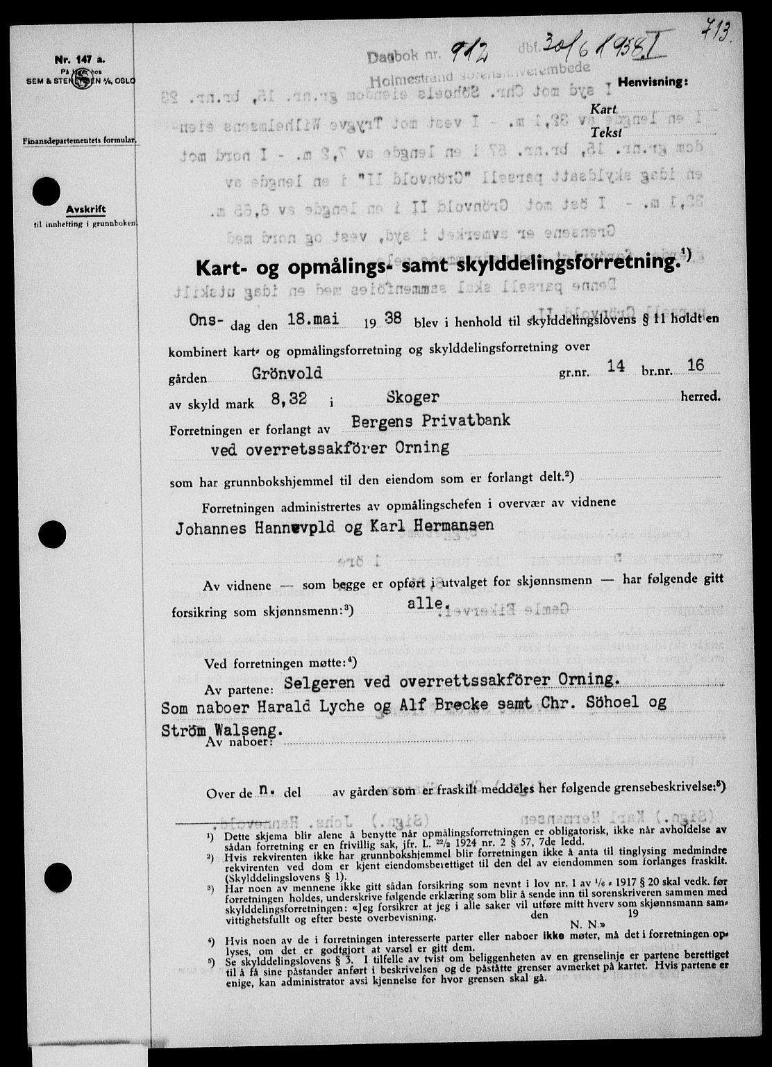 Holmestrand sorenskriveri, SAKO/A-67/G/Ga/Gaa/L0049: Pantebok nr. A-49, 1937-1938, Dagboknr: 912/1938