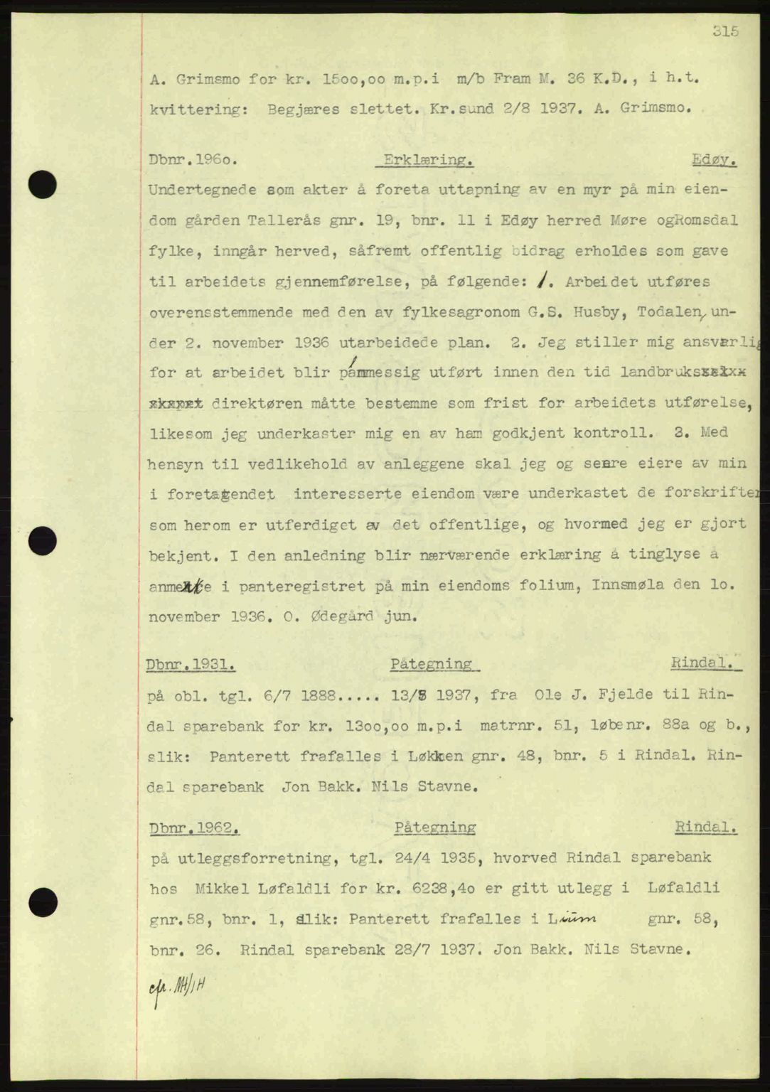 Nordmøre sorenskriveri, SAT/A-4132/1/2/2Ca: Pantebok nr. C80, 1936-1939, Dagboknr: 1960/1937