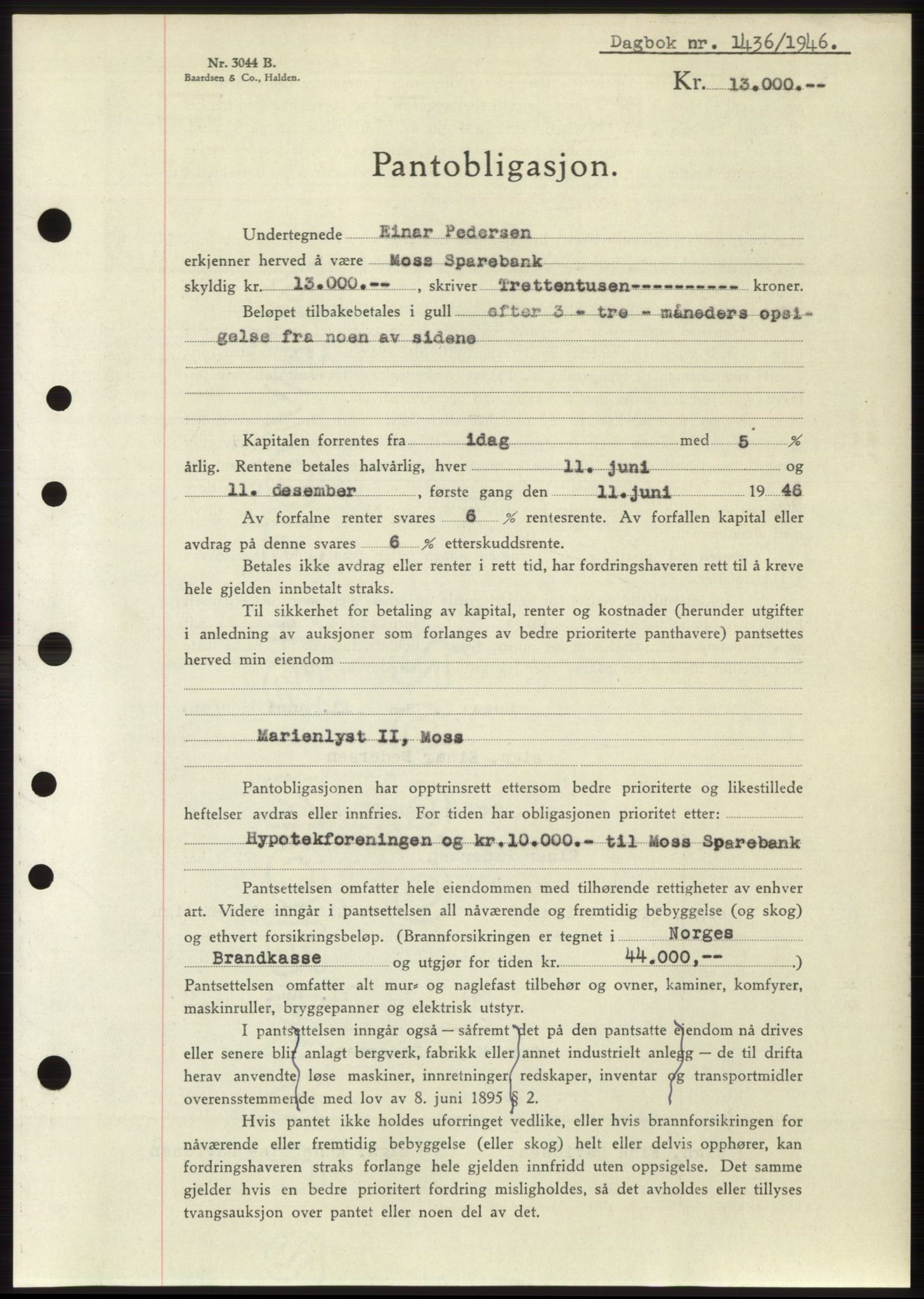 Moss sorenskriveri, SAO/A-10168: Pantebok nr. B15, 1946-1946, Dagboknr: 1436/1946
