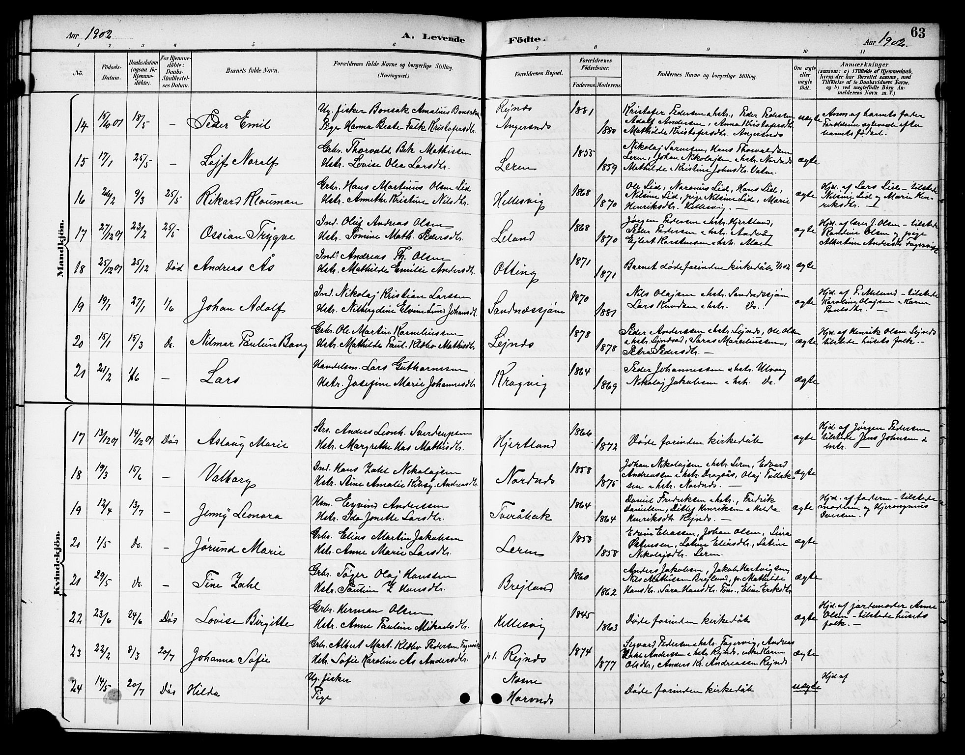 Ministerialprotokoller, klokkerbøker og fødselsregistre - Nordland, AV/SAT-A-1459/831/L0478: Klokkerbok nr. 831C05, 1892-1909, s. 63