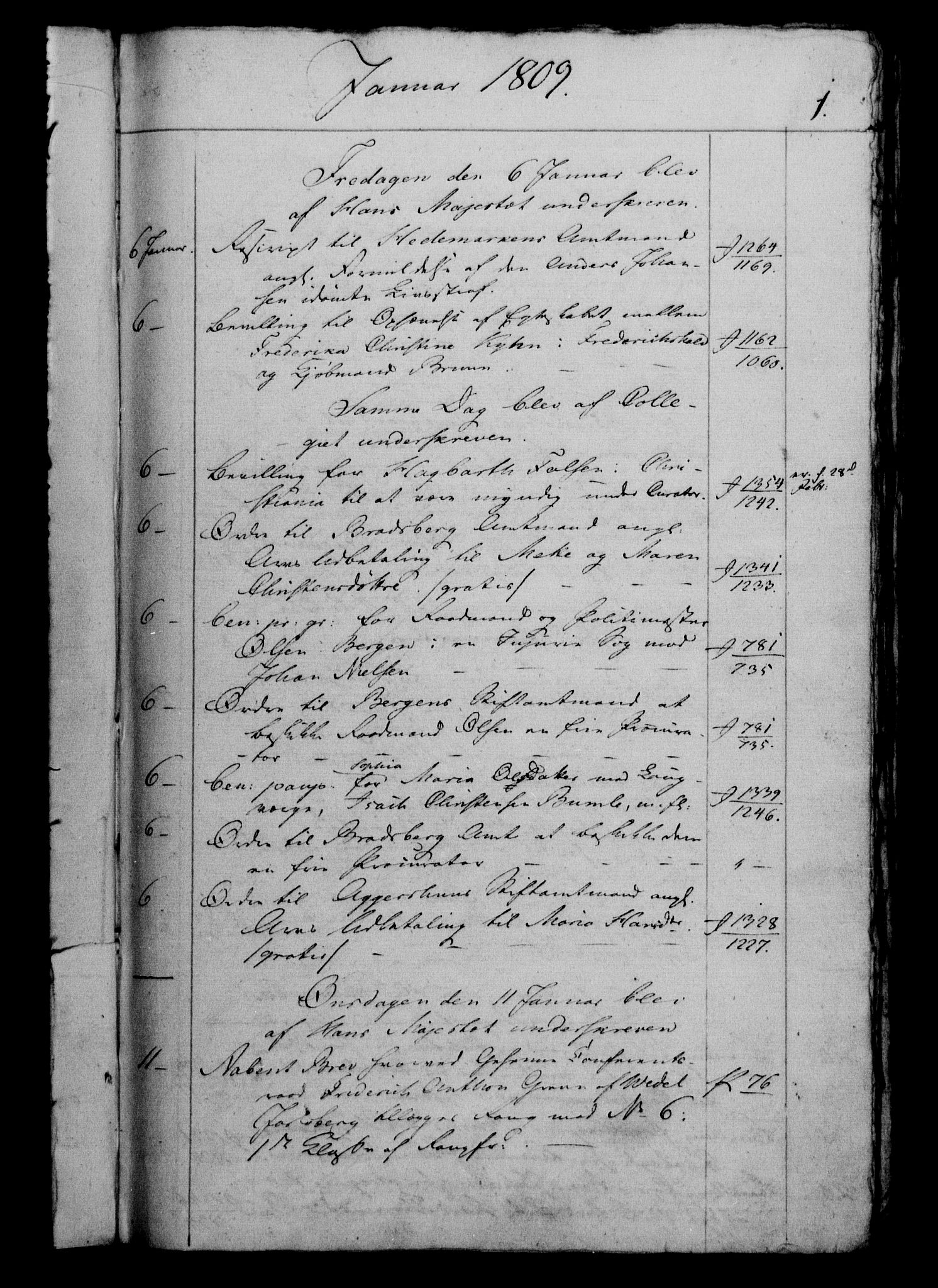 Danske Kanselli 1800-1814, RA/EA-3024/H/Hf/Hfb/Hfbc/L0010: Underskrivelsesbok m. register, 1809, s. 1