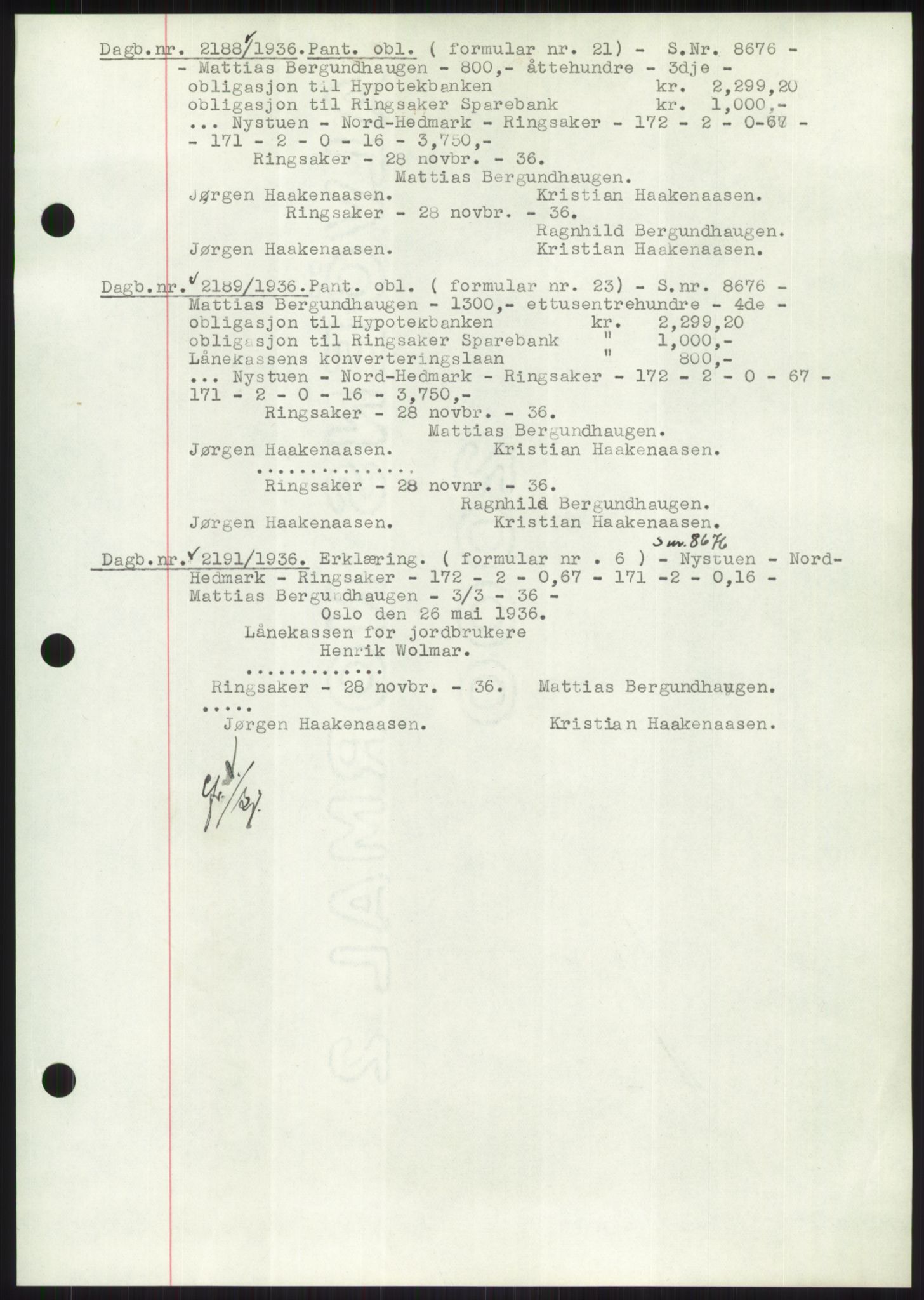 Nord-Hedmark sorenskriveri, SAH/TING-012/H/Hb/Hbf/L0001: Pantebok nr. B1, 1936-1936, Dagboknr: 2188/1936