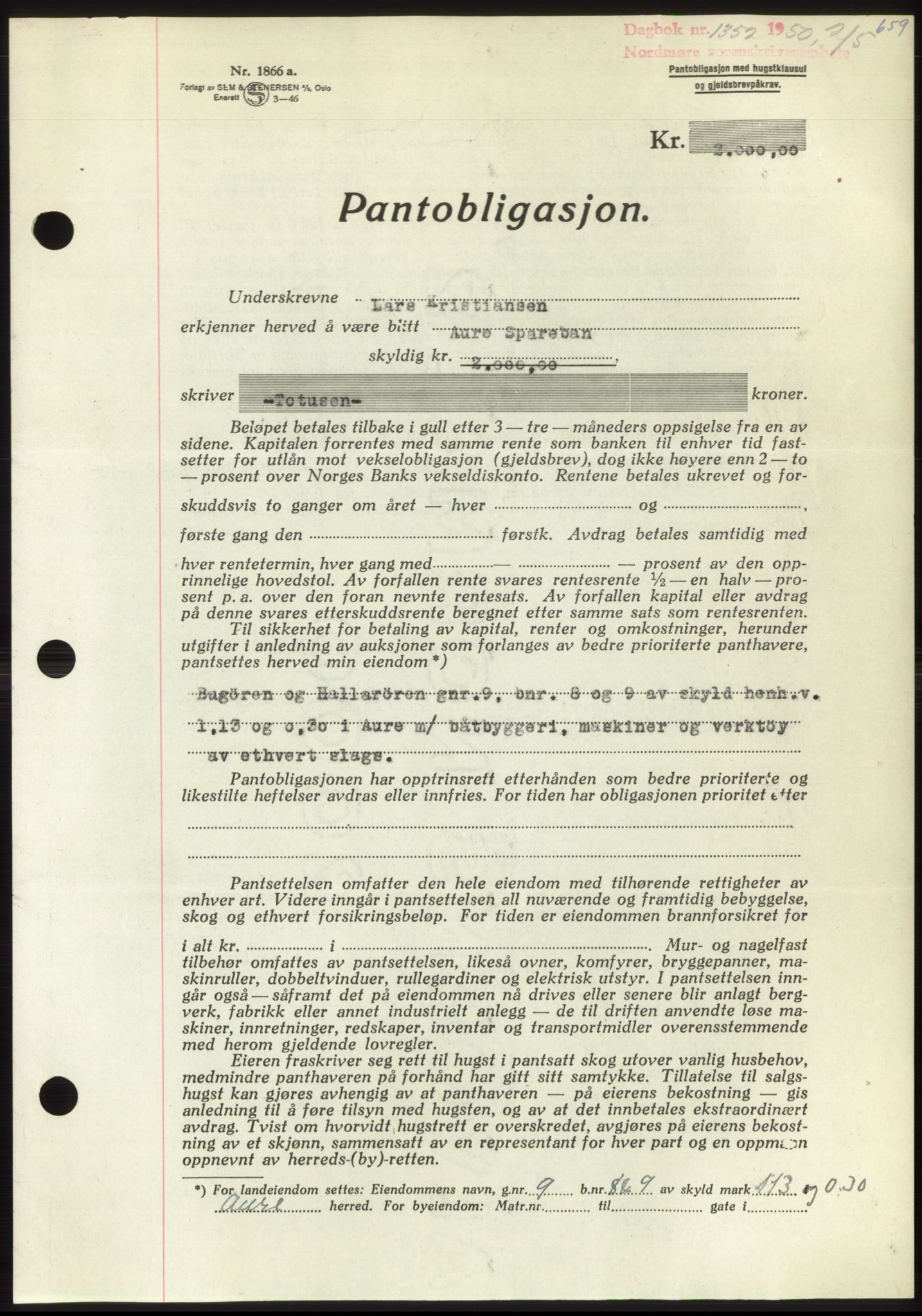 Nordmøre sorenskriveri, SAT/A-4132/1/2/2Ca: Pantebok nr. B104, 1950-1950, Dagboknr: 1352/1950