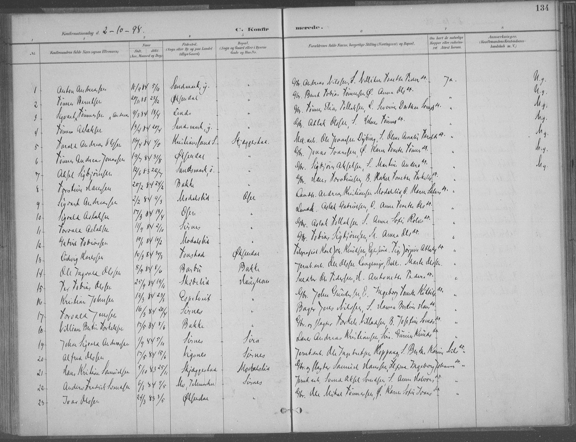 Bakke sokneprestkontor, AV/SAK-1111-0002/F/Fa/Faa/L0008: Ministerialbok nr. A 8, 1887-1911, s. 134